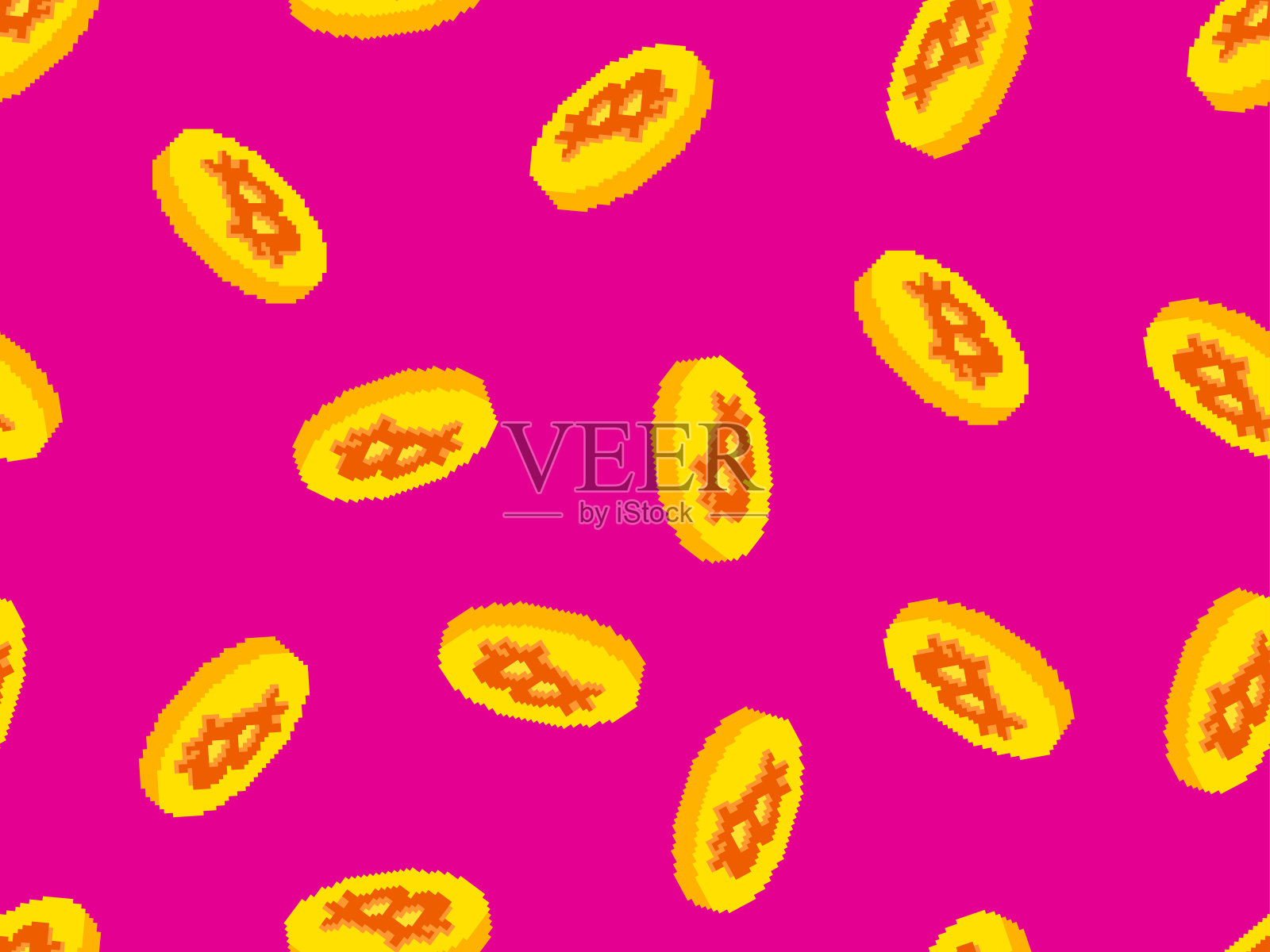 无缝图案与金币和比特币符号在像素艺术风格。3D钱币风格的8位图形经典复古游戏。设计壁纸、横幅和海报。矢量图插画图片素材