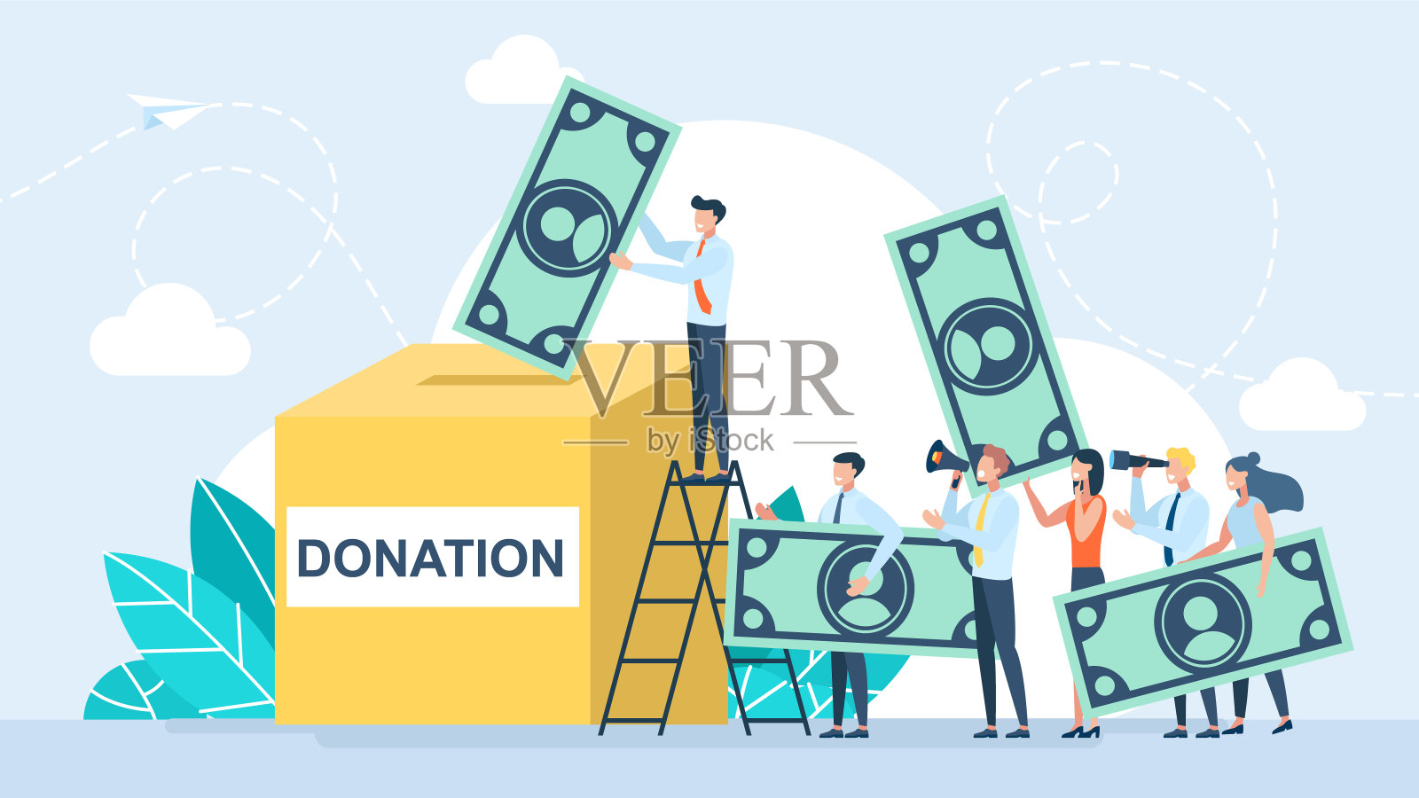 小人排队捐款。慷慨。人们把钱扔进盒子里供捐款。现金在手。捐赠箱。捐赠，捐钱。插图，平面风格设计插画图片素材