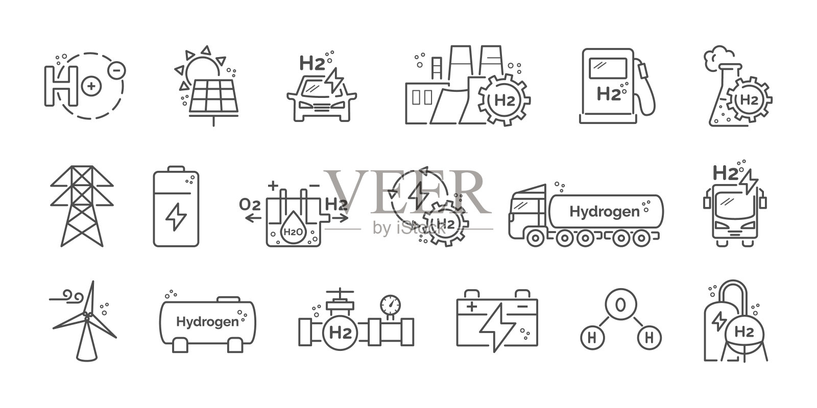 绿色氢能源线图标集。氢燃料的生产和储存。一罐h2。太阳能电池板，风车，电池，电力，运输，发电机，原子矢量插图。可编辑的斯特洛克插画图片素材