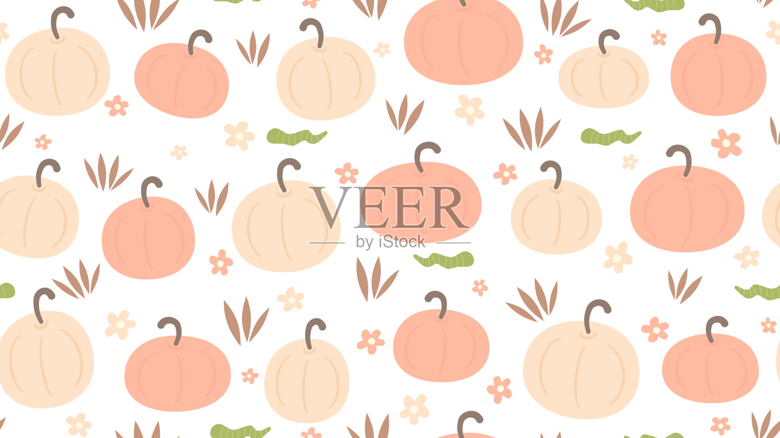 可爱的彩色手绘无缝矢量图案背景插图与粉彩南瓜，蠕虫，草和雏菊花插画图片素材