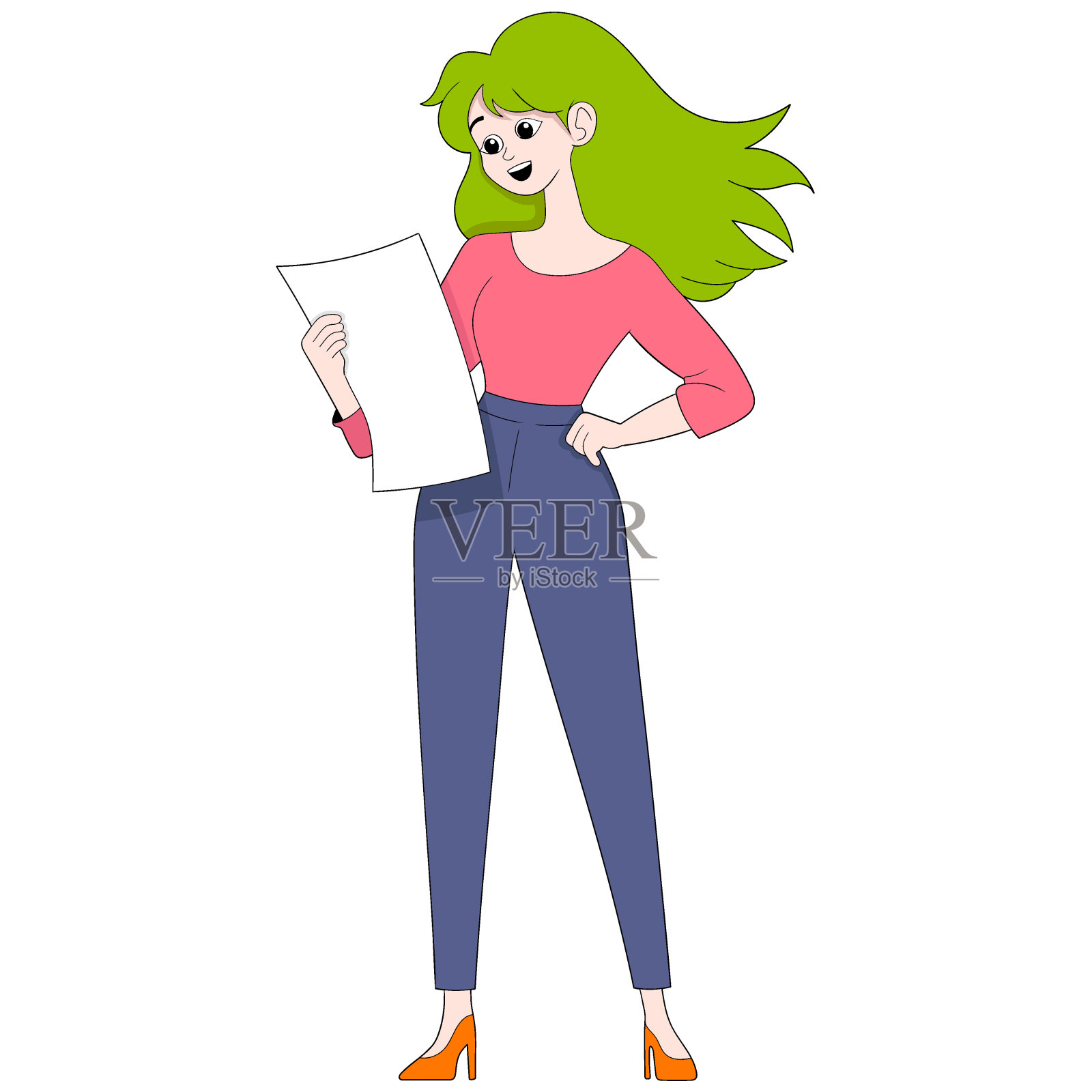 美丽的女孩站在纸上阅读知识信息插画图片素材