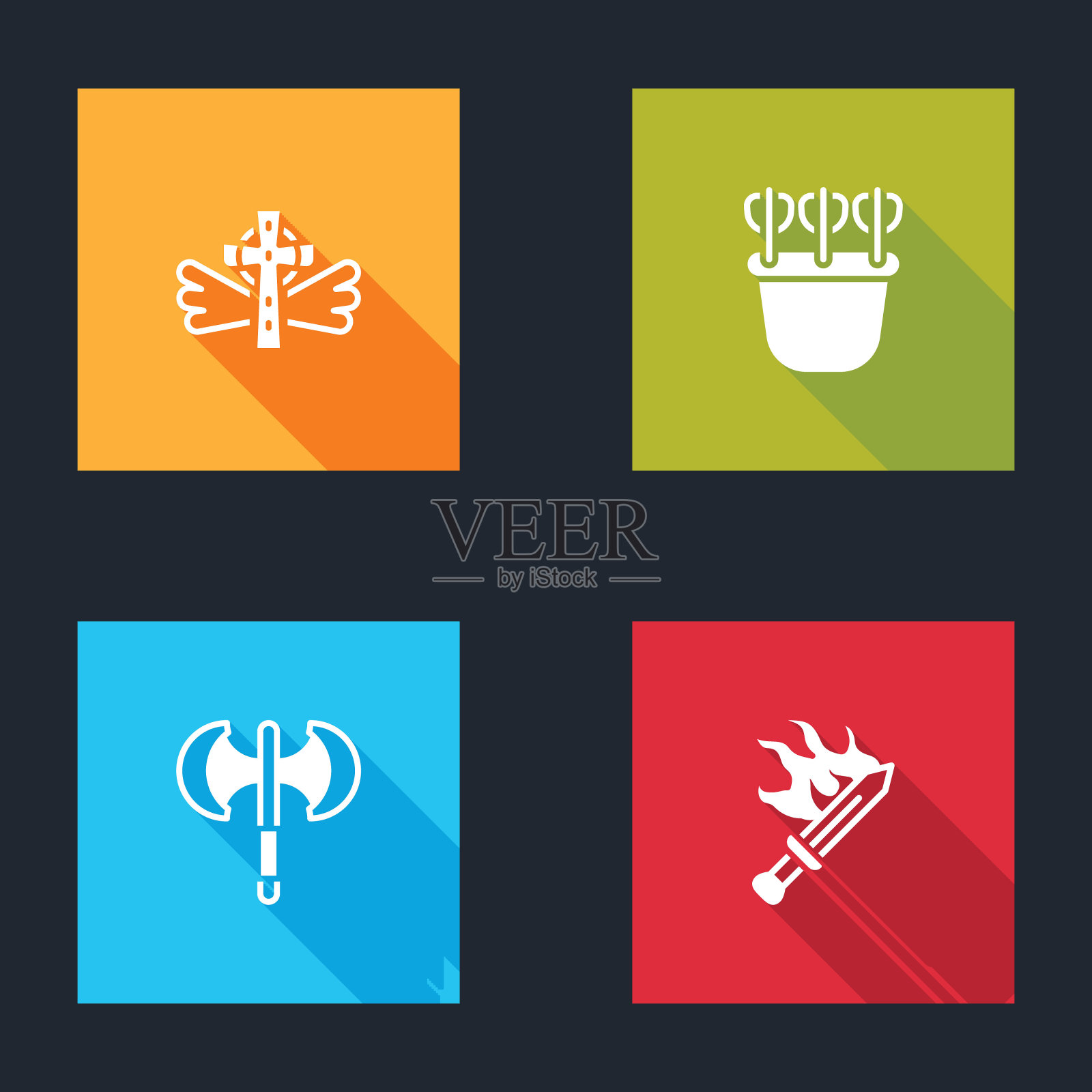 集基督教十字架，箭袋，中世纪的长柄斧和剑的游戏图标。向量插画图片素材