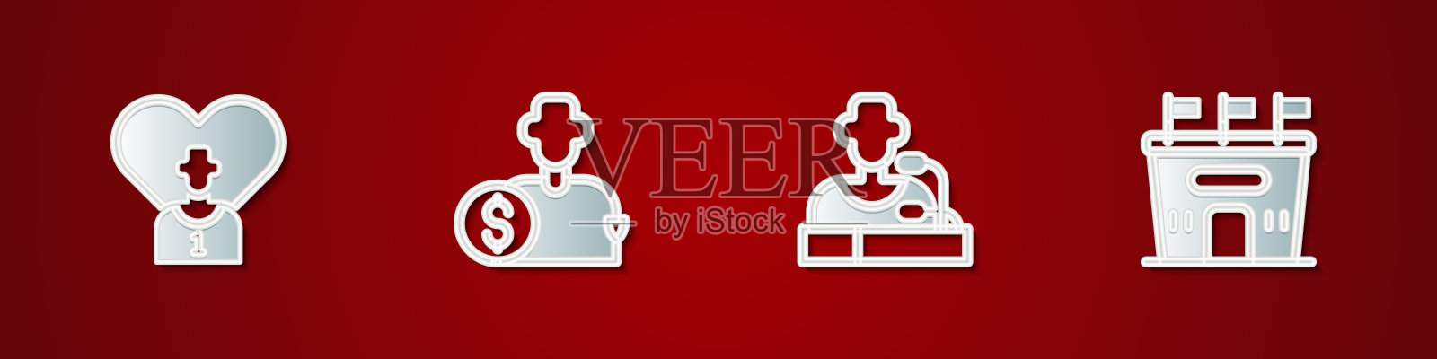 设置足球或足球运动员，购买足球，新闻发布会和体育场图标。向量插画图片素材