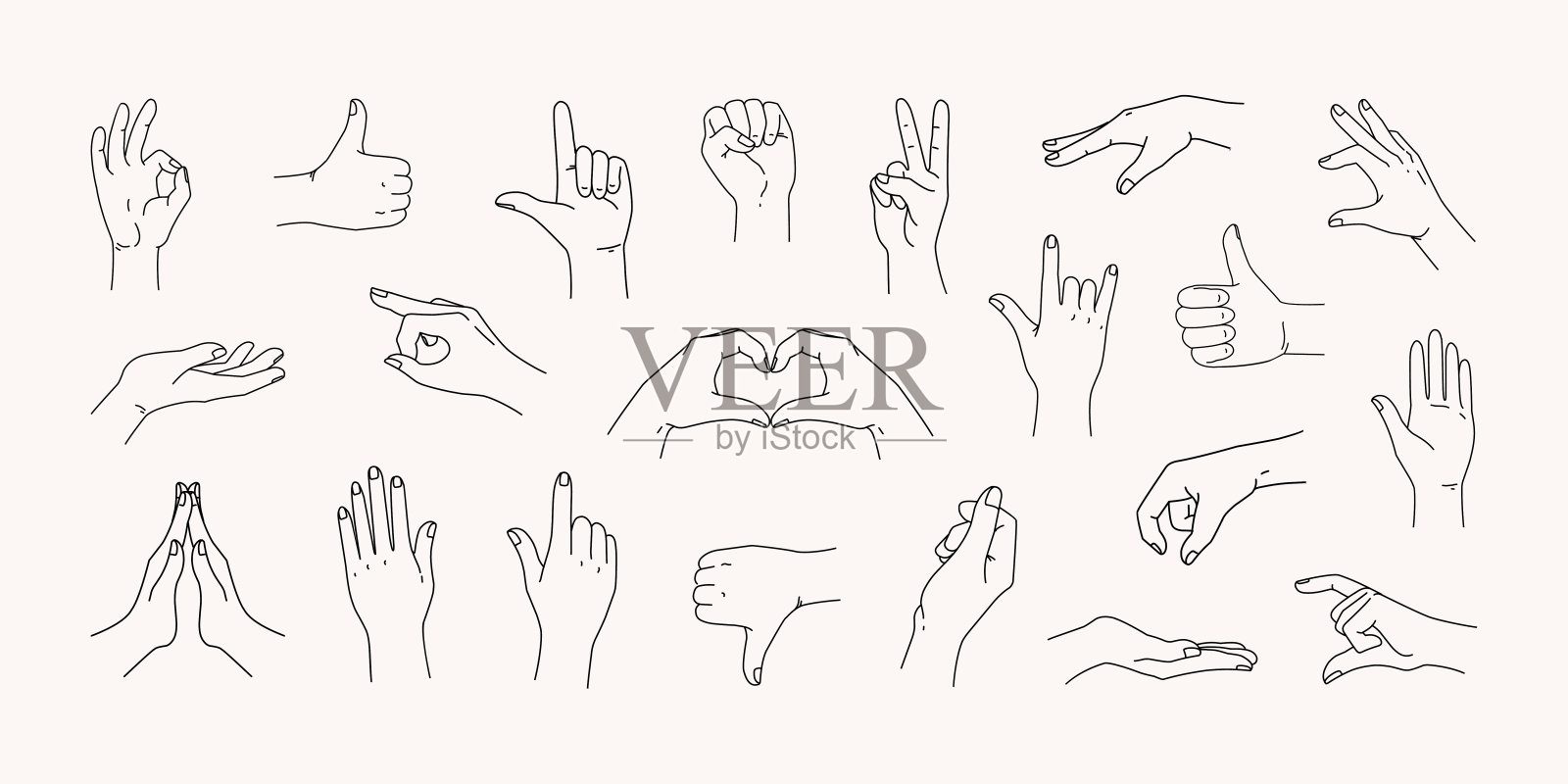 手的图标。线条指指，不同的手势，轮廓手臂握住，素描爱的标志，开放的女人的拳头，和平与胜利，符号，优雅孤立的元素，矢量剪贴画集插画图片素材