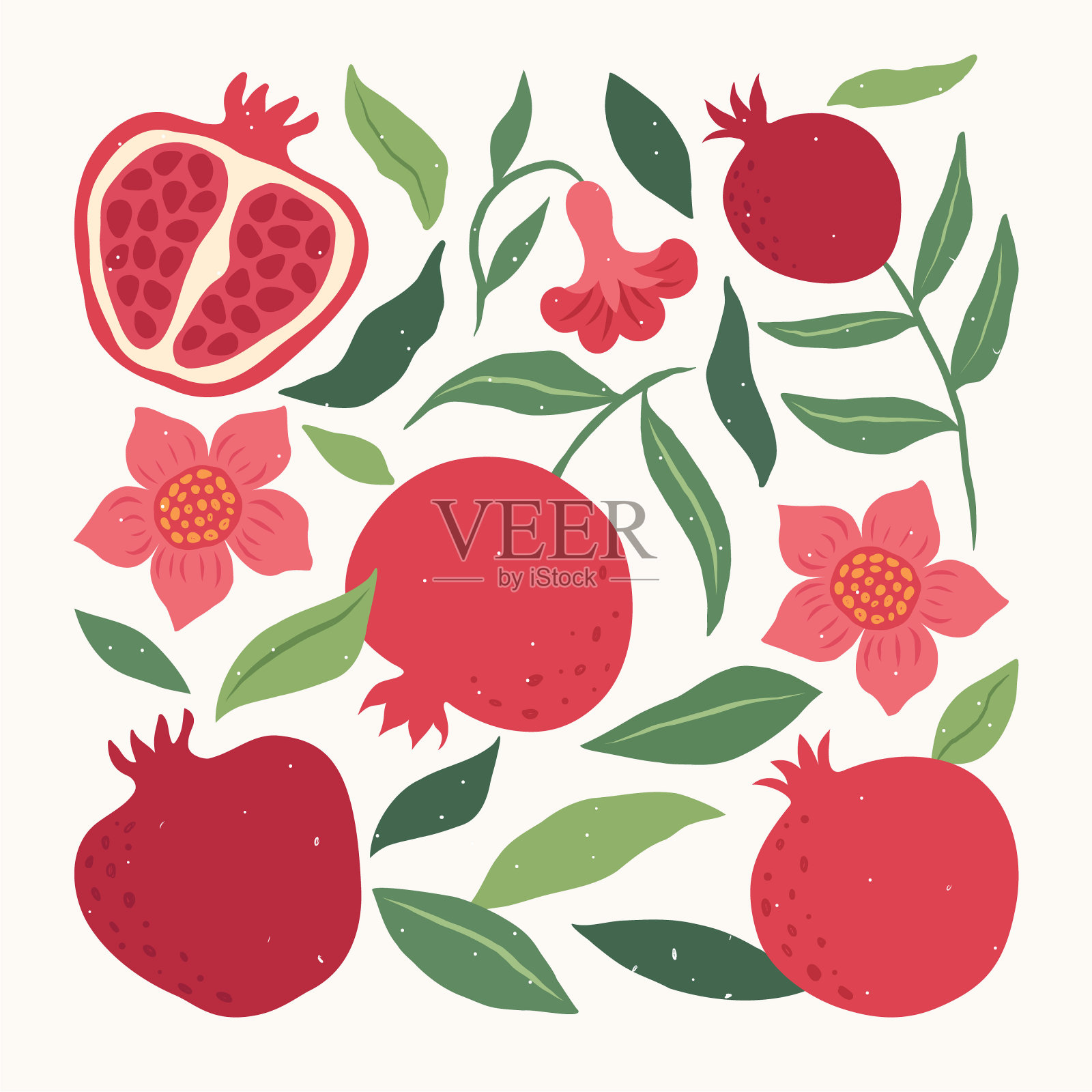 现代抽象插图石榴与叶，枝和花。水果的模式。当代植物学艺术版画。矢量设计海报，卡片，横幅，印刷，纺织品，家居装饰。插画图片素材