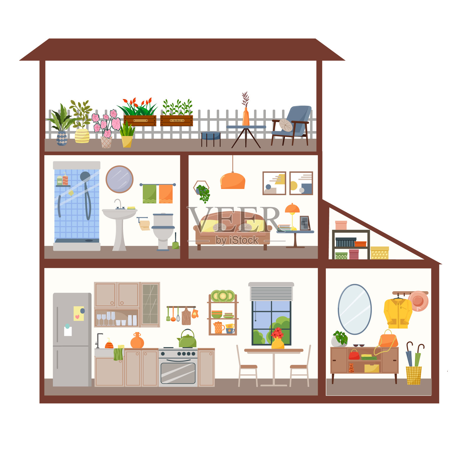 多层玩偶之家。带家具的组合式房间。走廊有衣架和镜子。配有家具和用具的厨房。浴室。带沙发的卧室。房子屋顶下的大露台。插画图片素材