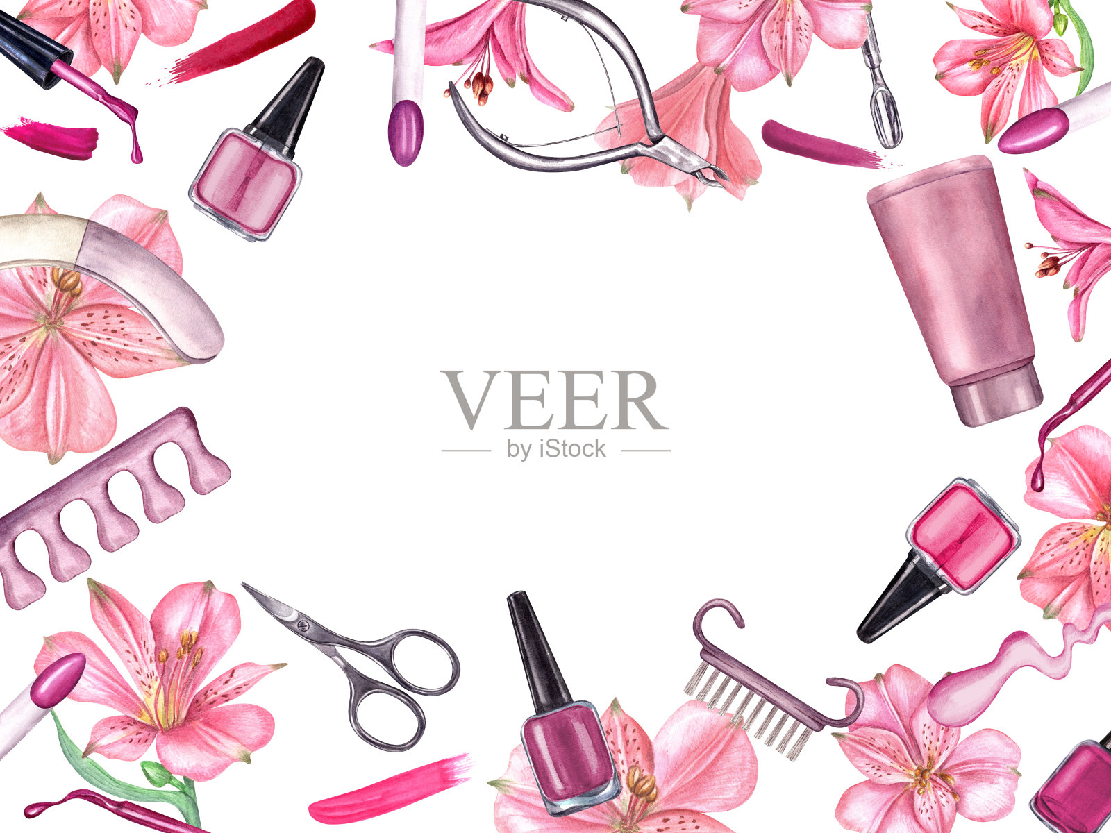 修甲工具，指甲油，溅在热带花朵间。带有复制空间的方形框架。指甲锉，面霜，指甲缓冲液，美容用角质层修剪器。水彩插图孤立在白色。插画图片素材