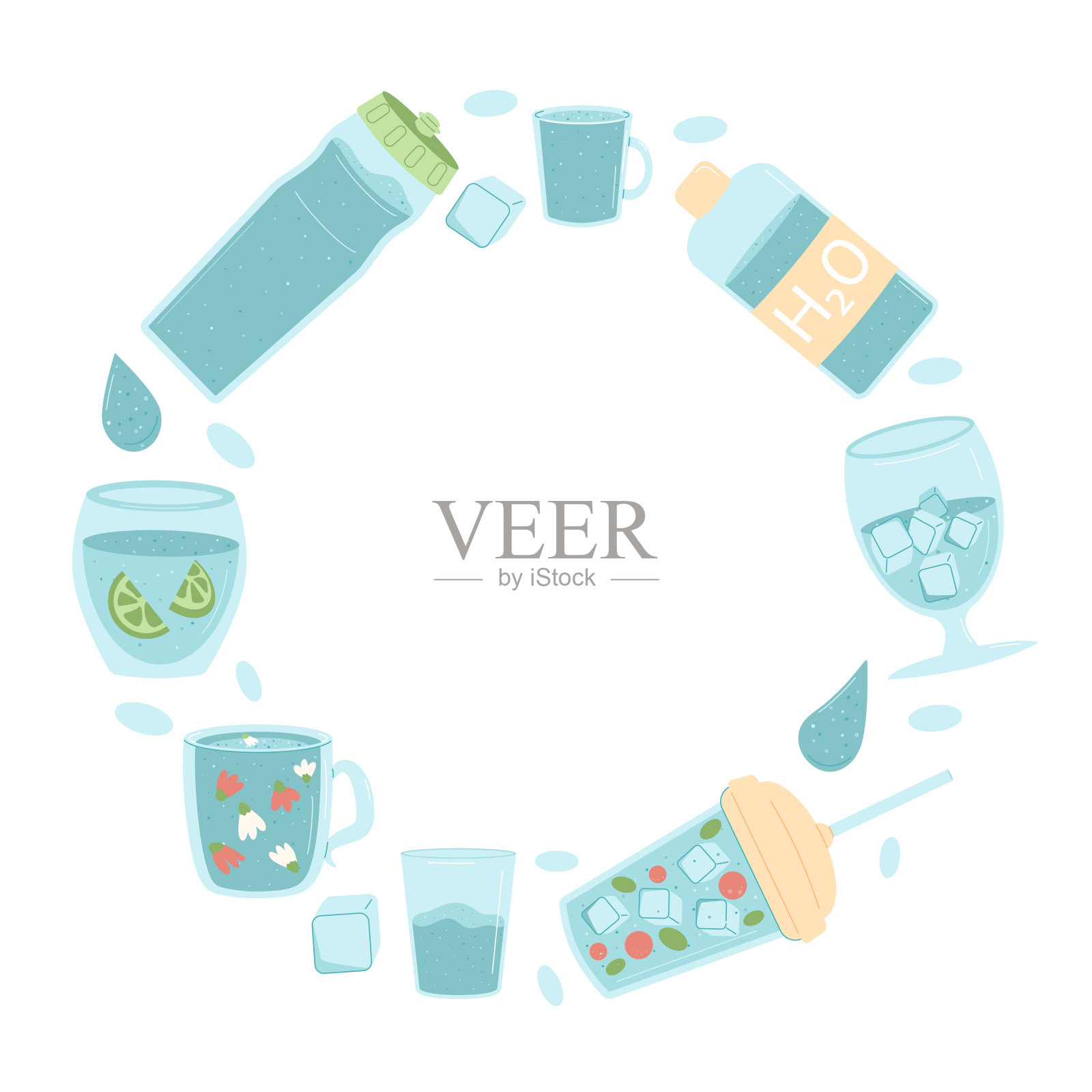 夏季软饮料和水在不同的容器隔离在白色背景的圆圈。清新干净，香气浓郁的液体圆润成分。健康的水果饮料，冰柠檬，浆果。向量插画图片素材