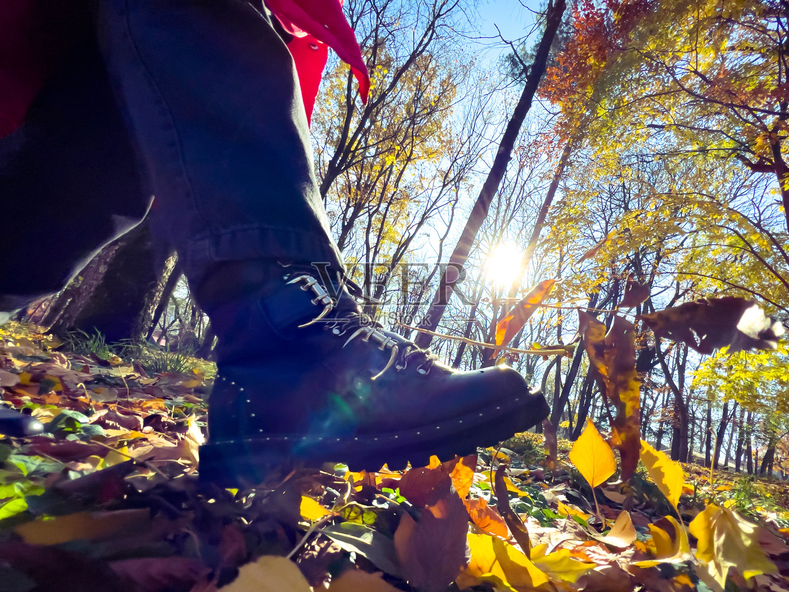 在秋天的公园里踢着枯叶散步照片摄影图片