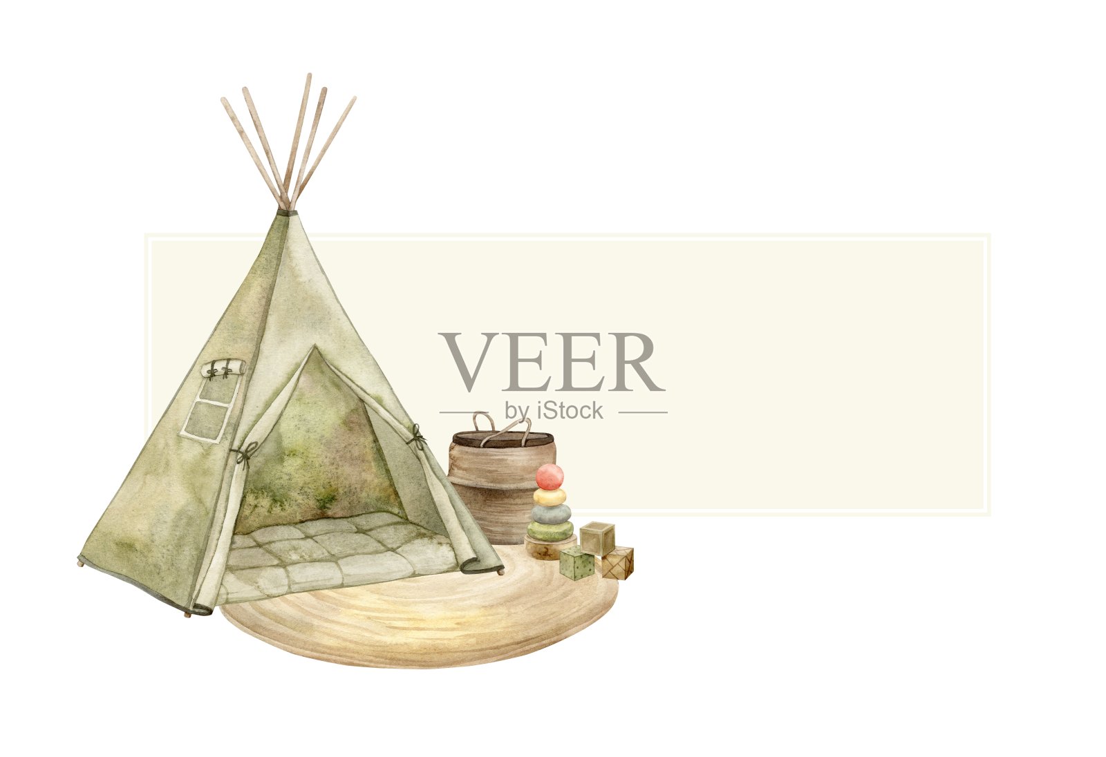 水彩矩形框架与儿童房，棚屋，篮子和儿童玩具的元素。孤立手绘插图儿童室内，卡片，贴纸，纺织品，设计。插画图片素材