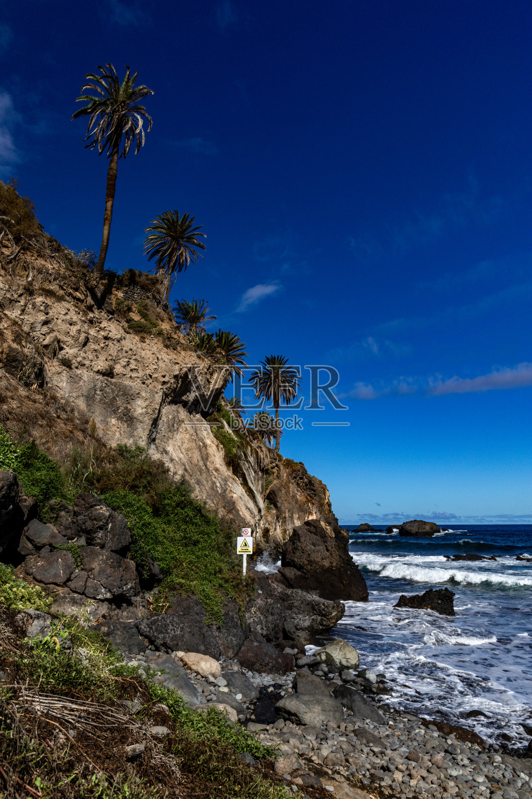 海滩上有黑色的火山沙，斜坡上有绿色的棕榈树，危险的海浪，大西洋，卡斯特罗海滩照片摄影图片