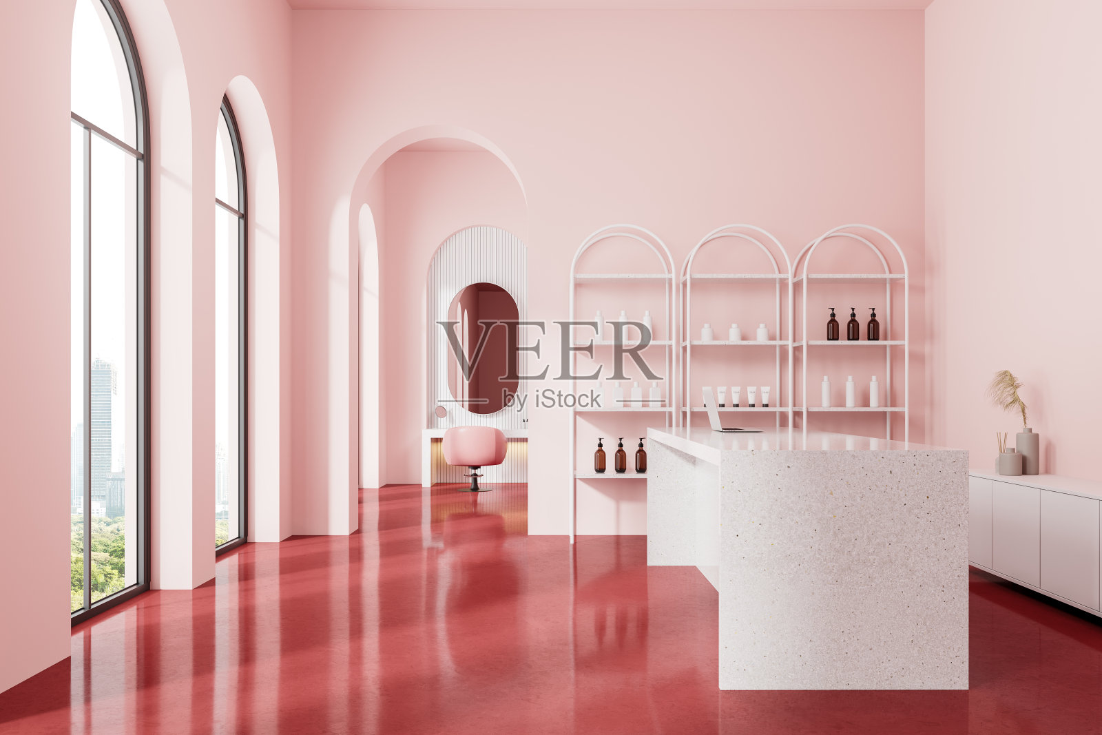 粉红色美容院内部的接待柜台照片摄影图片