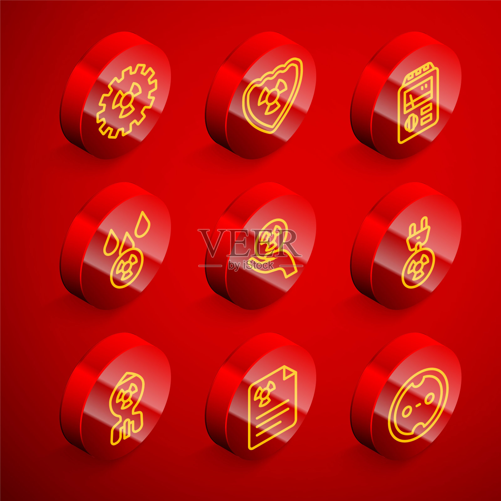 设置线放射性，在屏蔽，剂量计，酸雨和放射性云，辐射电源插头，核弹和警告文件图标。向量插画图片素材