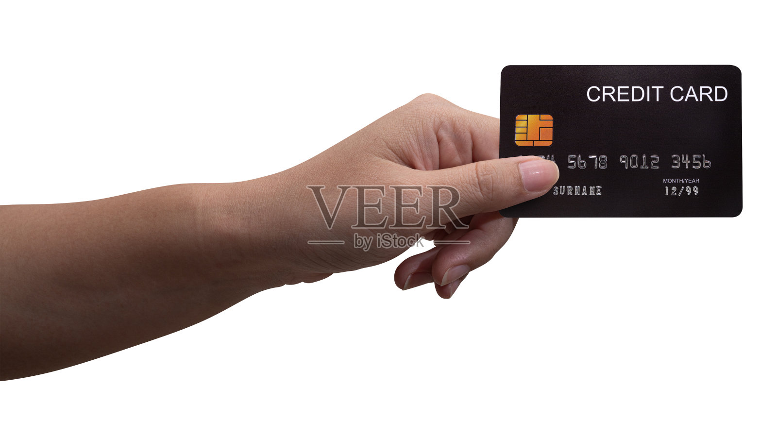 男子手里拿着一张白色背景的黑色信用卡。照片摄影图片