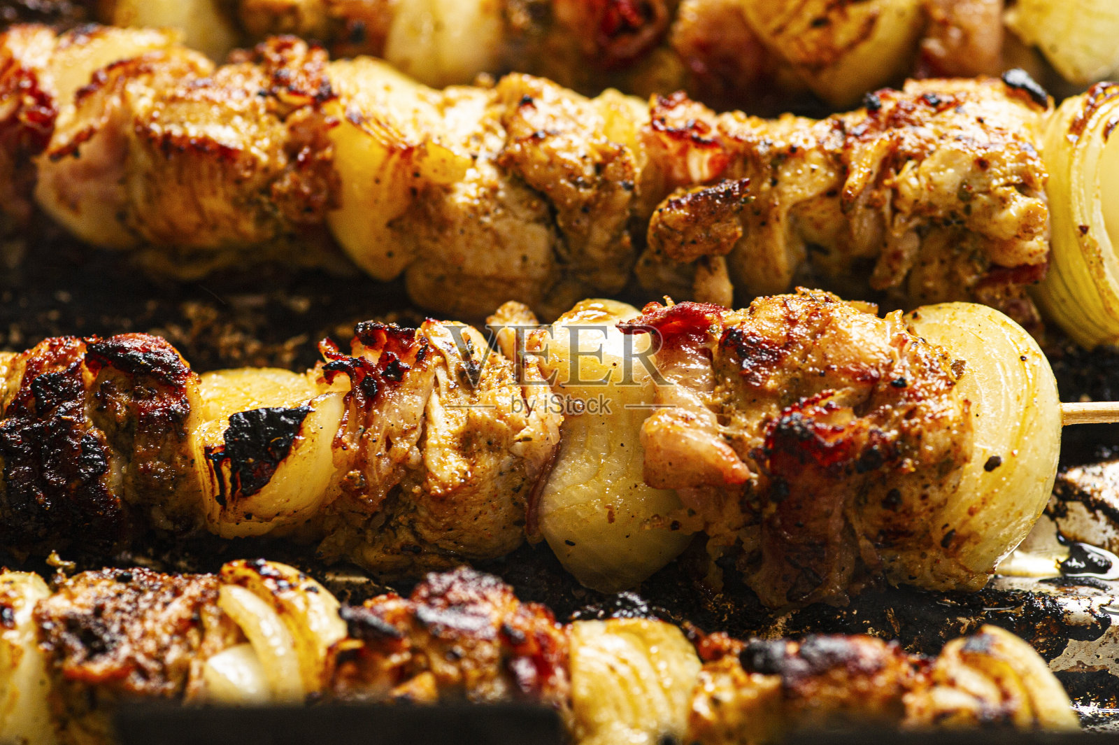 花园里的烤鸡串配洋葱照片摄影图片