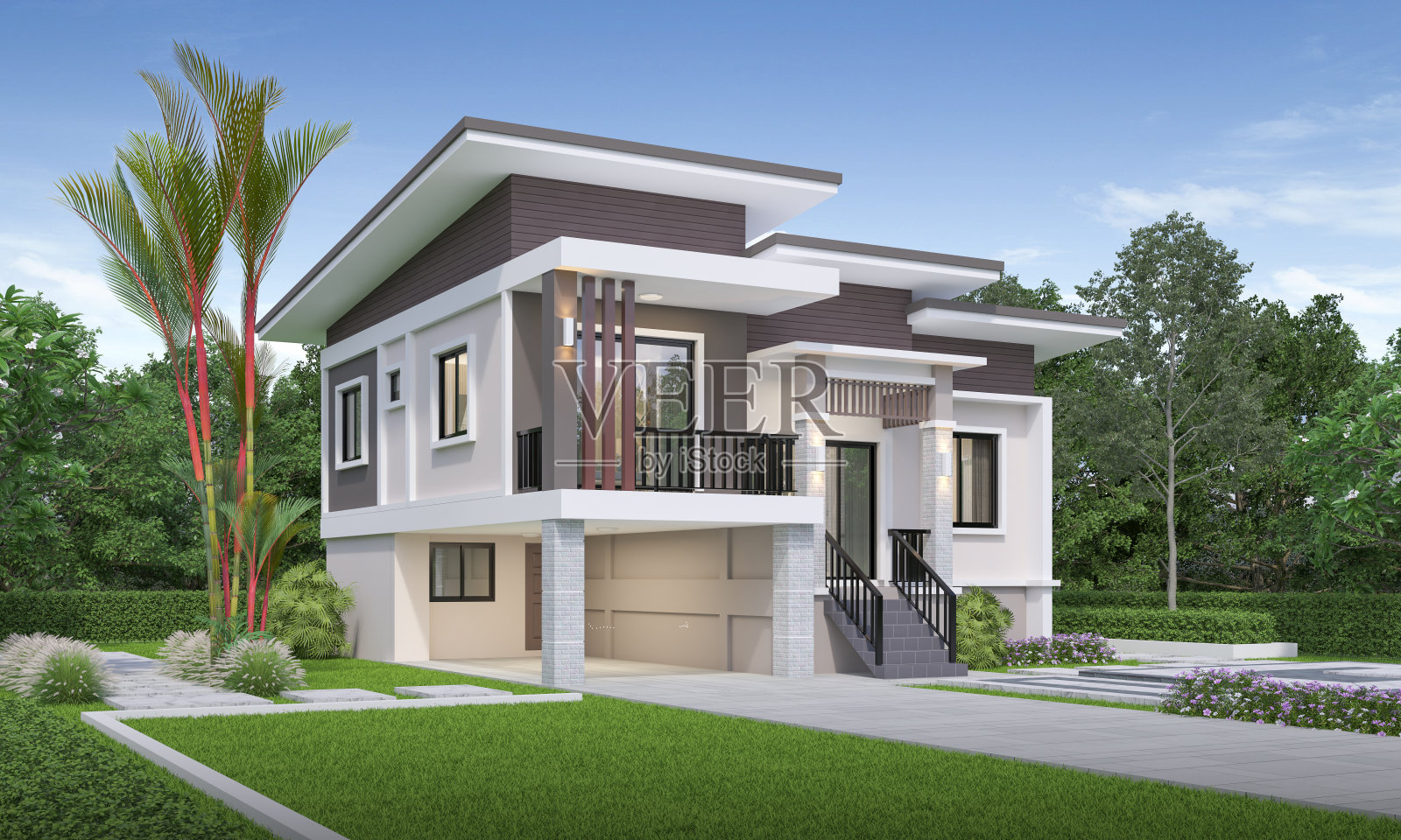 3D房屋外部日光与草坪草。三维渲染照片摄影图片