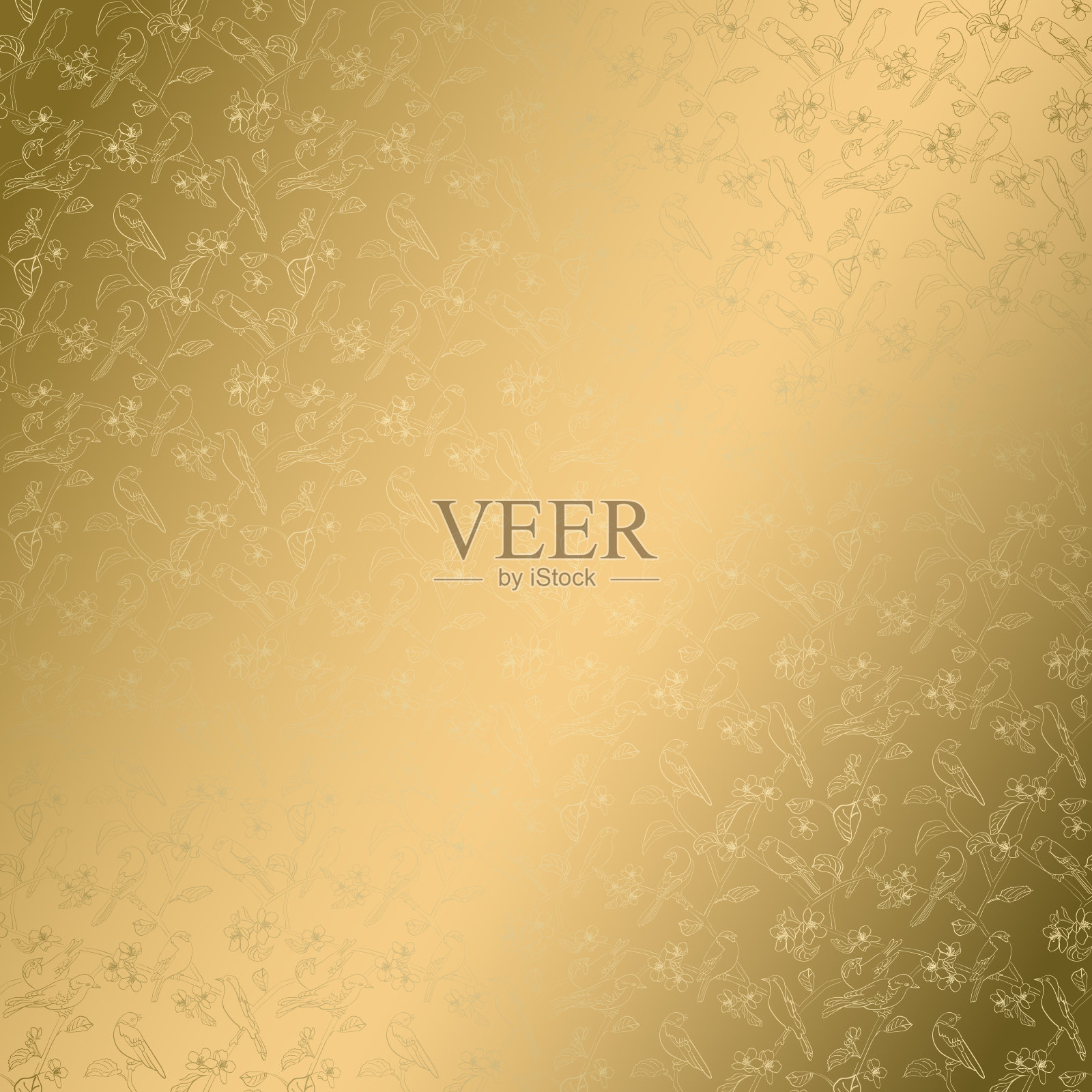 金色的背景与剪影的鸟在树枝上。矢量图案与黄金梯度插画图片素材