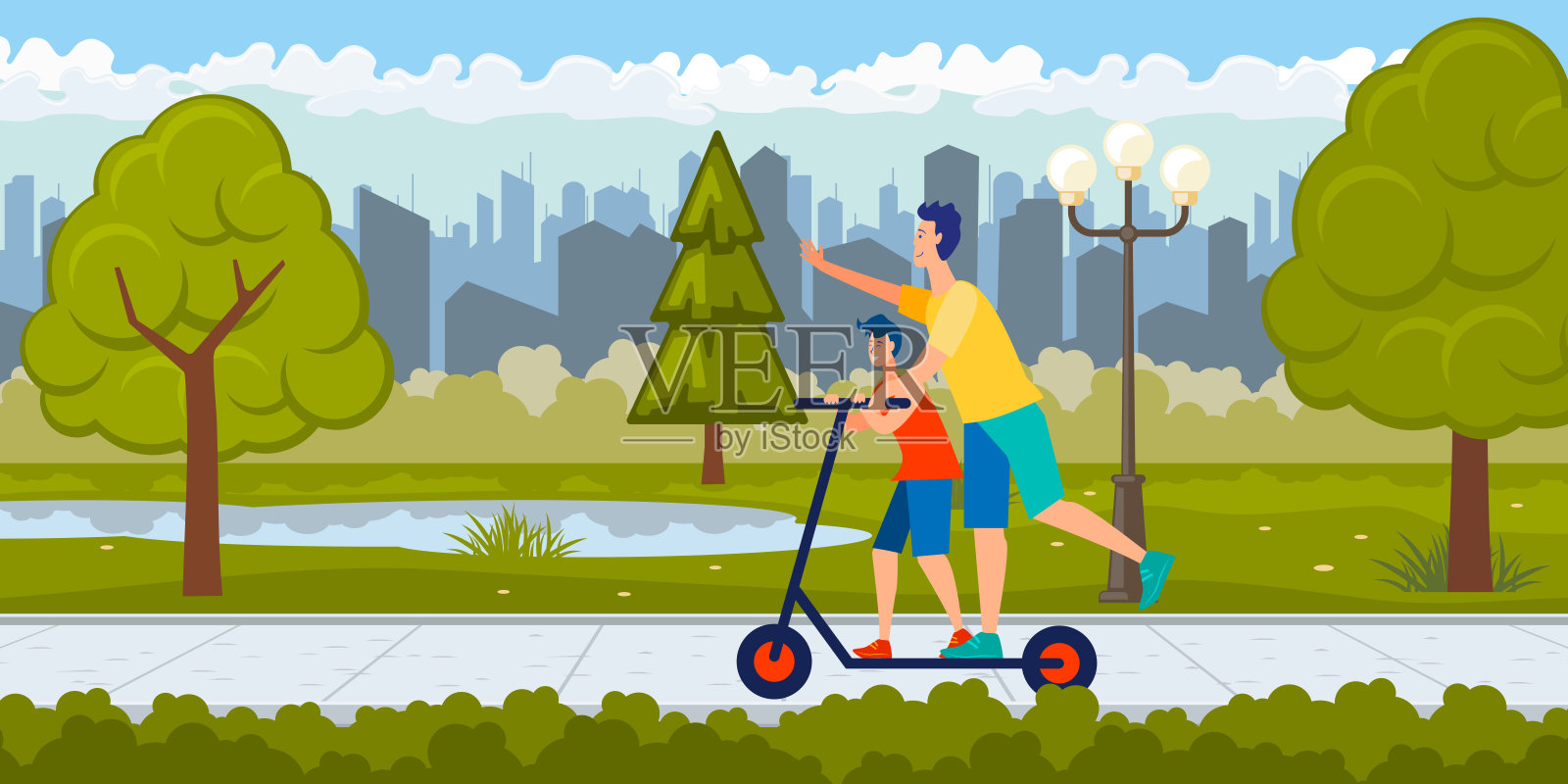 快乐的爸爸和儿子一起骑滑板车插画图片素材