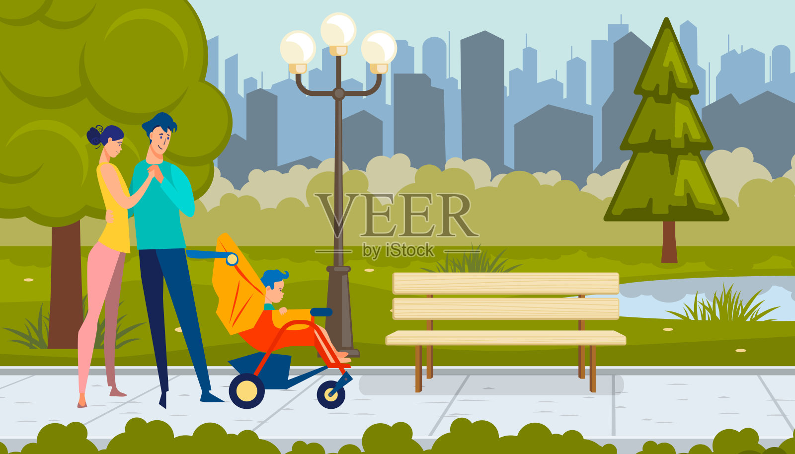新父母带着孩子在婴儿车里散步插画图片素材
