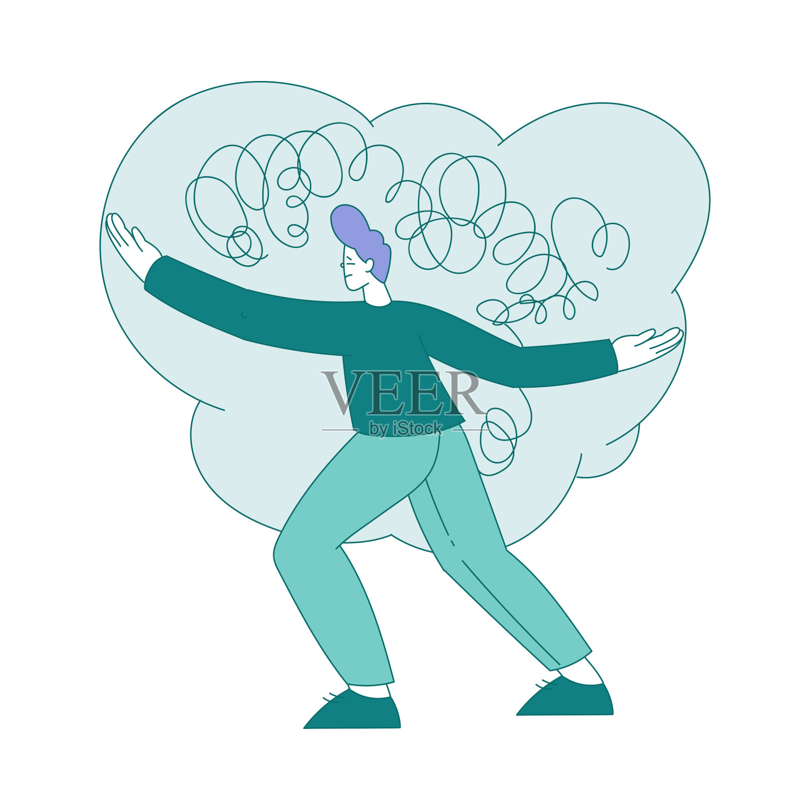 悲伤的男人站在杂乱的线团中，遭受精神疾病困扰矢量插图插画图片素材