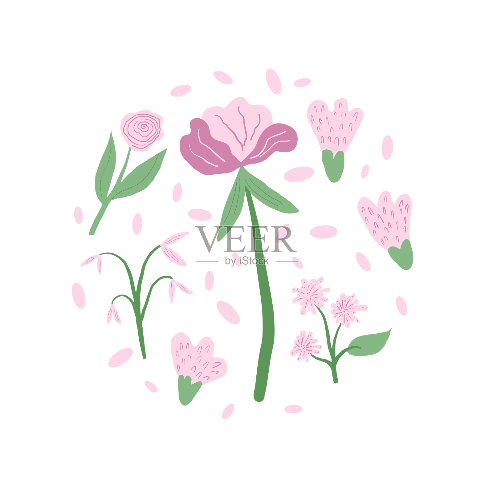 手绘花朵圆形构图。植物自然春天元素在涂鸦风格的圆圈标志。矢量图插画图片素材