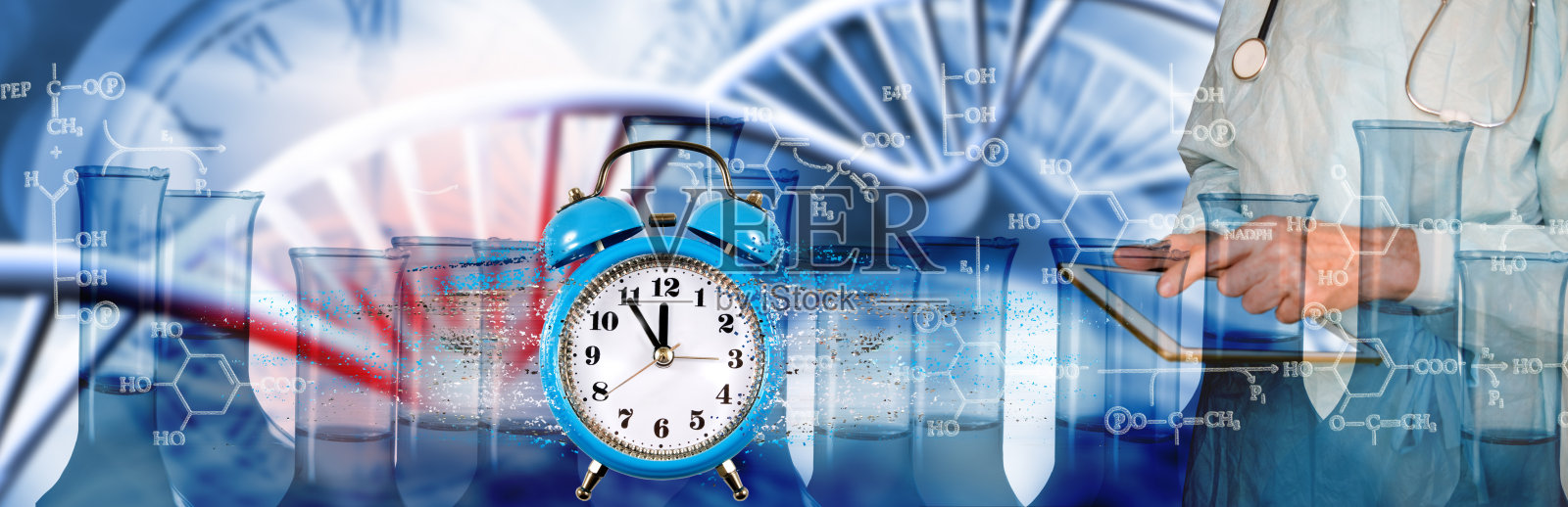 这是一个带有粒子的时钟的图像，背景是程式化的DNA链、化学式和研究工具照片摄影图片