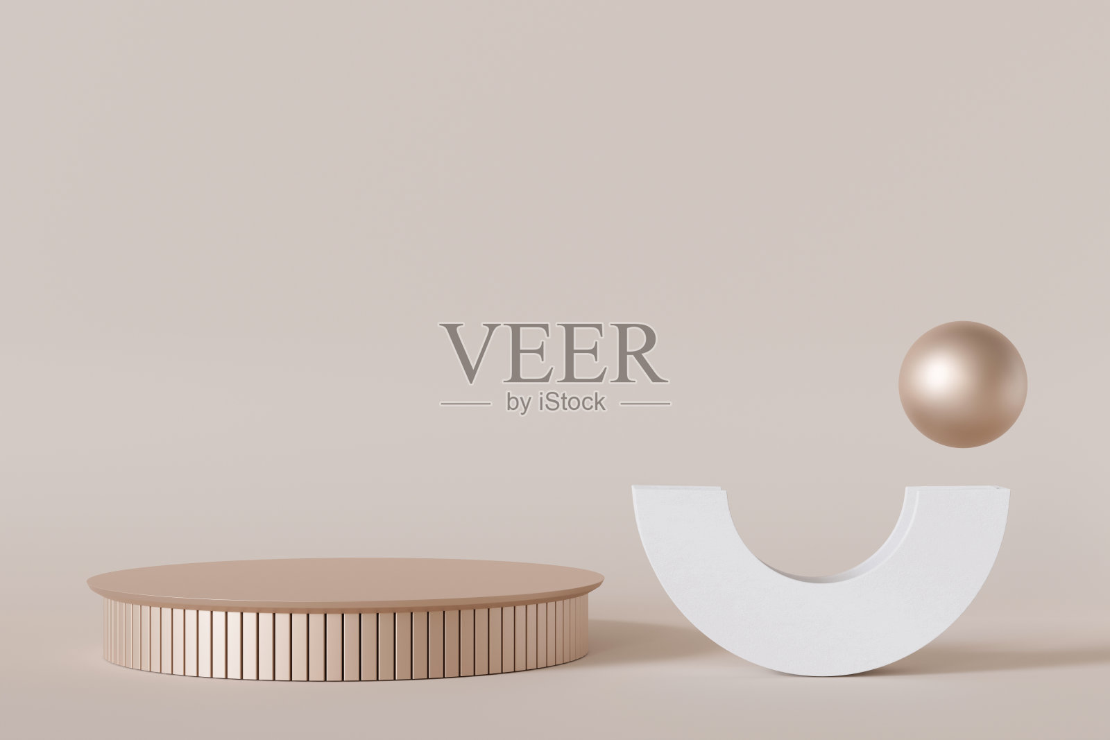 空的极简主义场景，抽象的白色和金属形状。米色背景。产品模板，化妆品展示。模拟。背景与空白，复制空间。显示,展示。3 d渲染。照片摄影图片