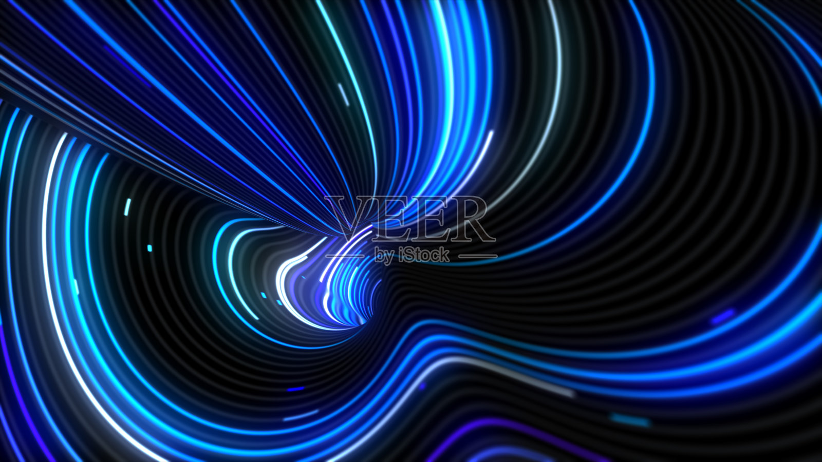 动画线在隧道中移动。蓝色时间虫洞中的虚拟网络。隧道的3D插图。光速和时间旅行。明亮的霓虹条纹在建筑物的曲线上发光。8 k墙纸。8 k墙纸。4 k的屏幕保护程序。照片摄影图片