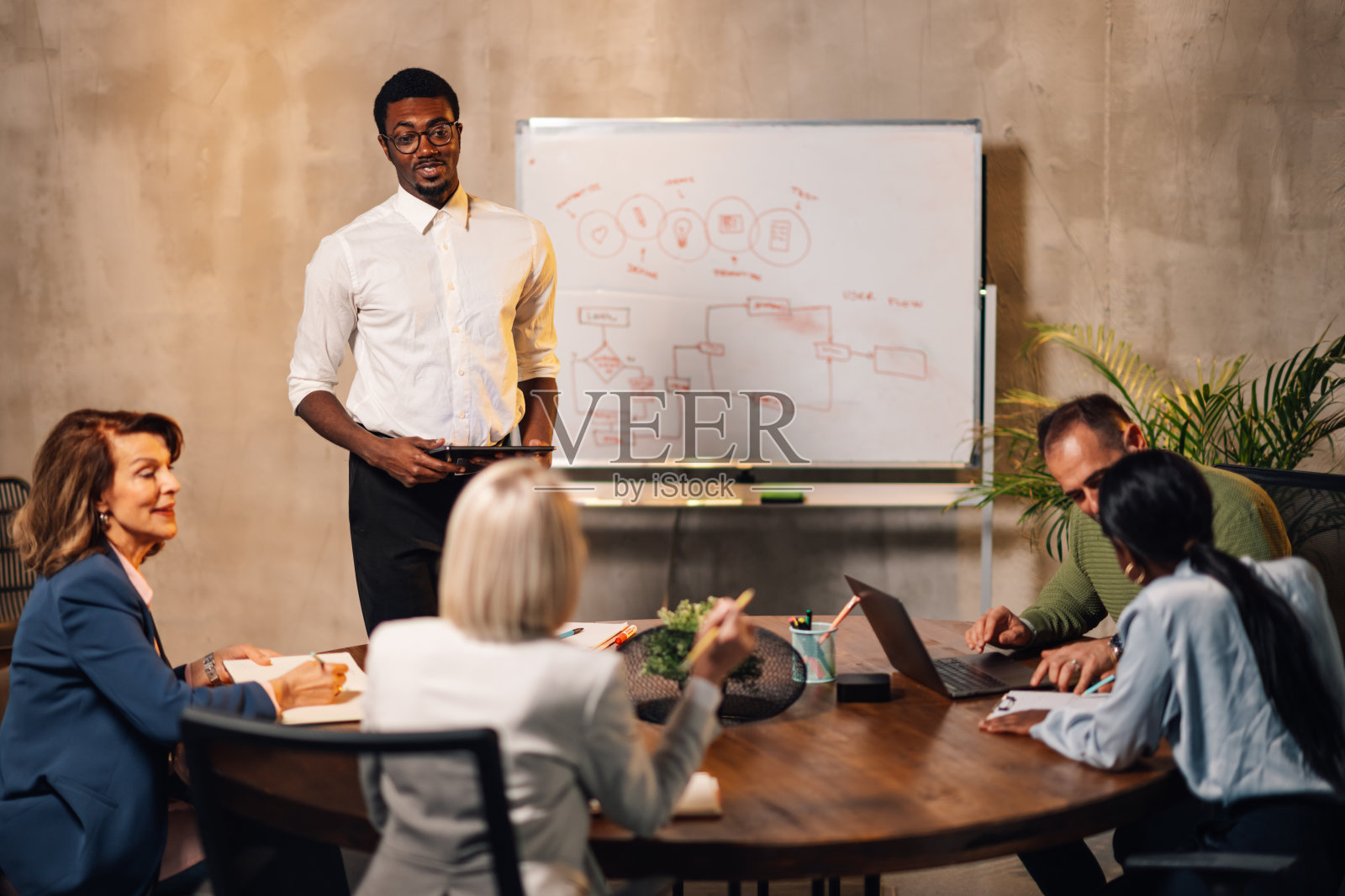 多种族经理在会议室的白板上展示营销计划照片摄影图片