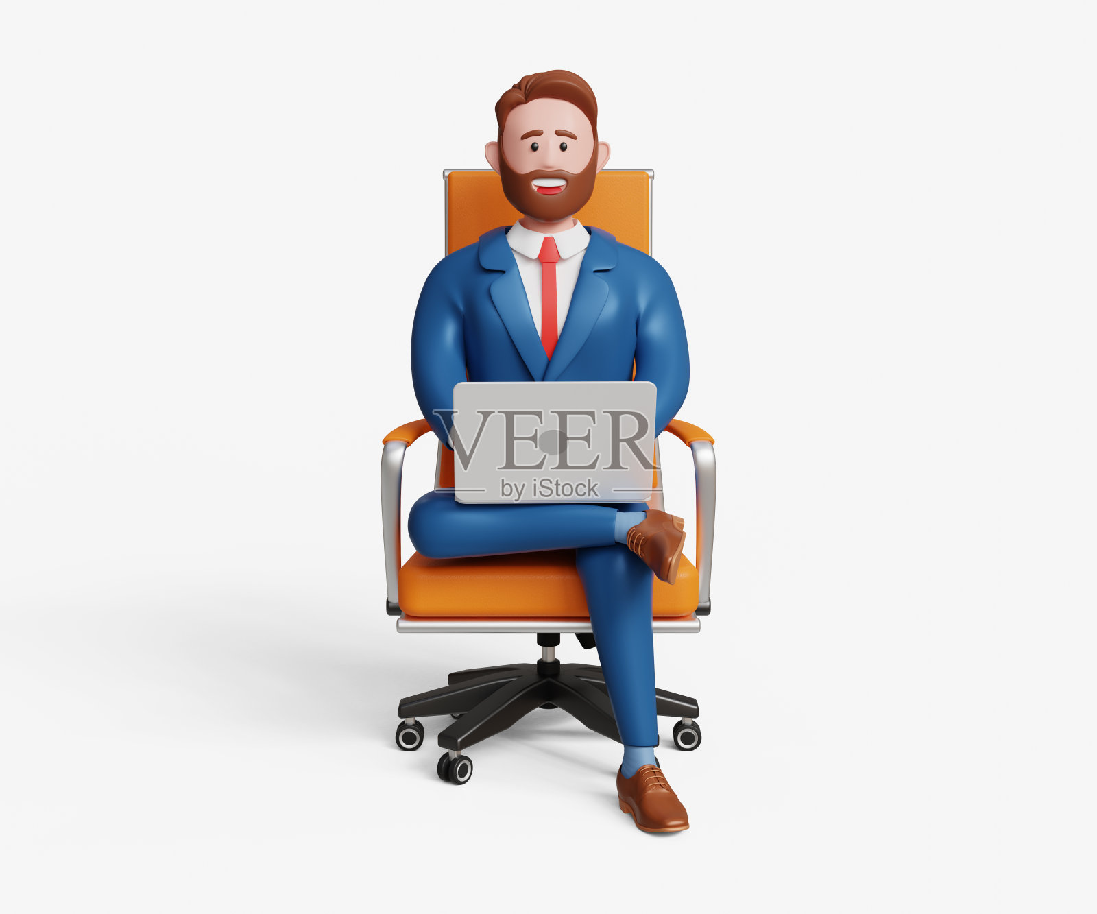 3D自信的商人坐在办公椅上用笔记本电脑工作。企业家，CEO，领导概念。三维演示照片摄影图片