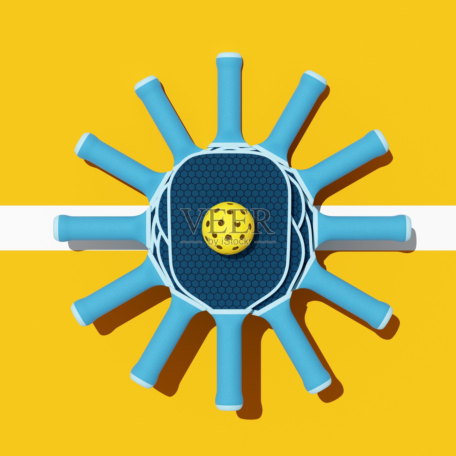 匹克球运动器材。橙色球场上球拍和球的俯视图。3d插图，渲染。体育明信片，传单，海报的背景。照片摄影图片