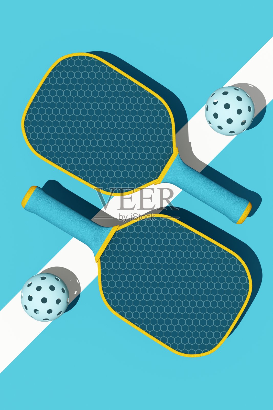 匹克球运动器材。球拍和球在蓝色球场上的俯视图。3d插图，渲染。体育明信片，传单，海报的背景。照片摄影图片