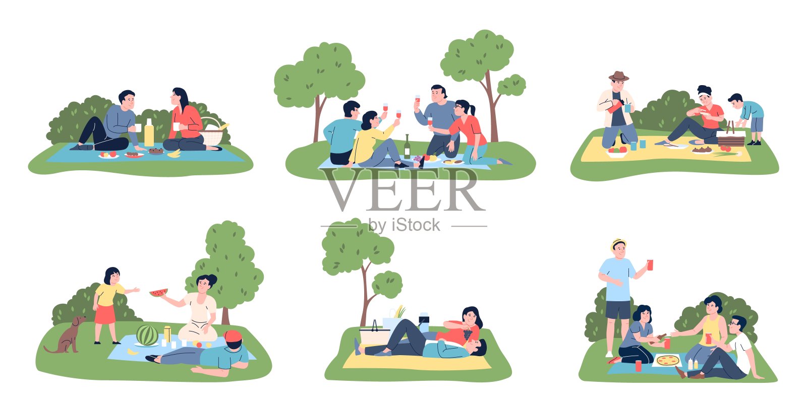 家庭野餐。季节性户外活动。人们吃喝自然，家人和朋友休息。夏季公园平坦最近矢量场景插画图片素材
