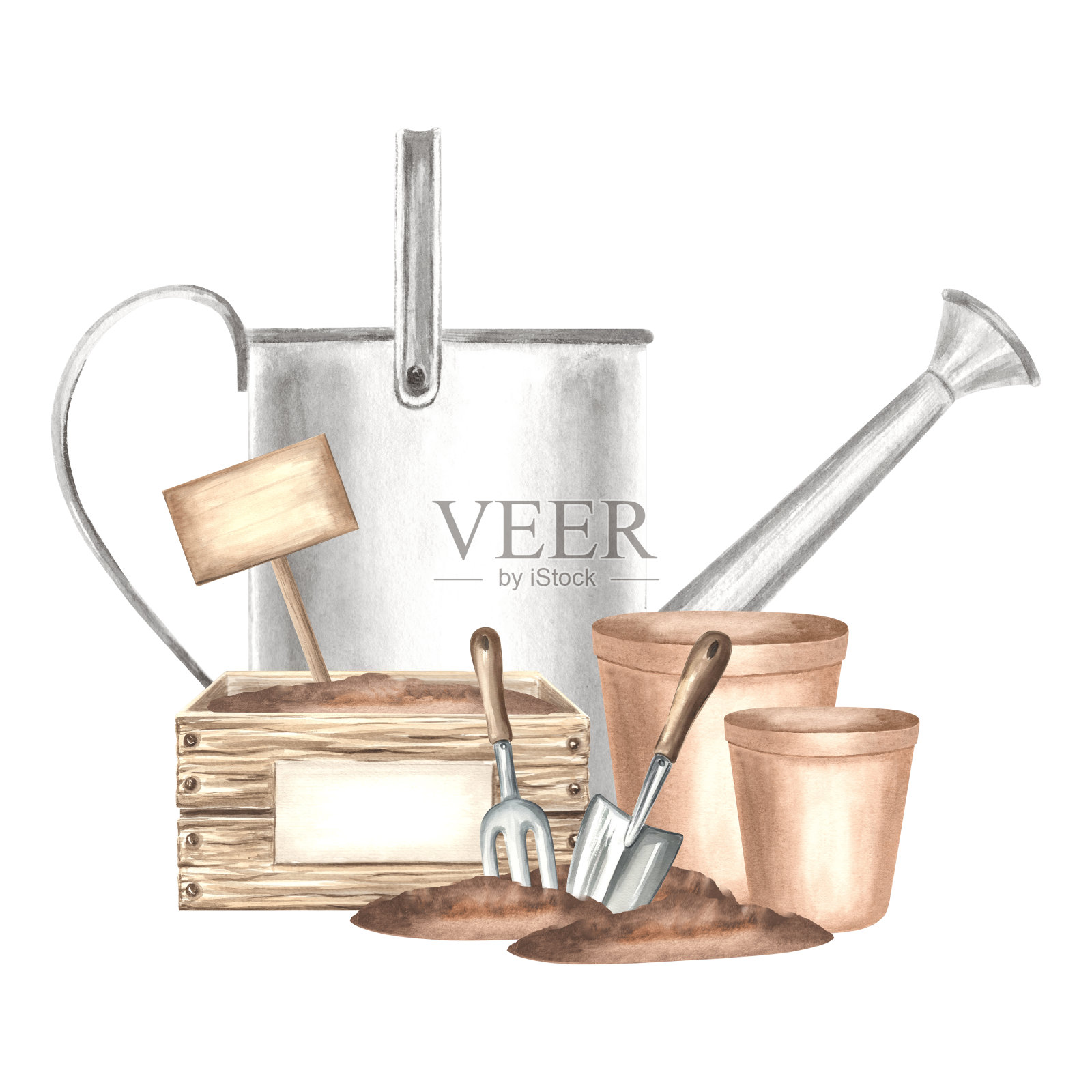 园艺工具和用品。浇水罐，装有地面的板条箱，花盆，泥铲和耙子，土壤，标志。手绘水彩插画，孤立构图。卡片、包装、不干胶的模板插画图片素材