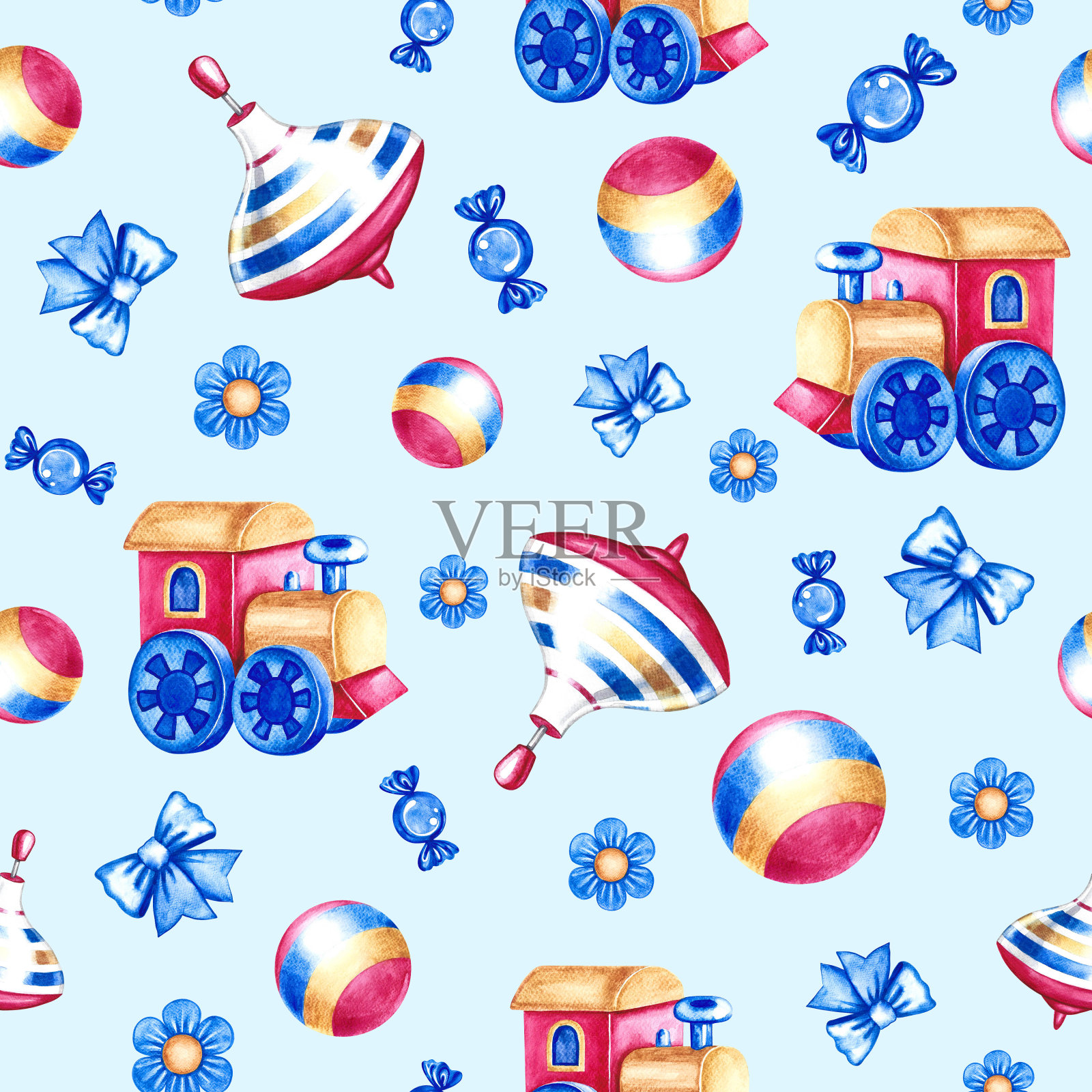 无缝花纹与儿童玩具。儿童的火车，上衣和球。蓝色背景。手工水彩插图。用于包装纸、纺织品、童装、墙纸、包装插画图片素材