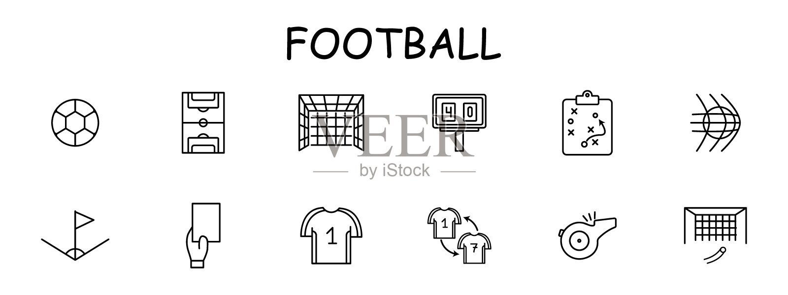 足球套装图标。球，T恤。形式，场地，牌，处罚，哨子，记分牌，计划，球员换人，进球，球网，角球，足球进球。烹饪菜品概念。矢量线图标。插画图片素材