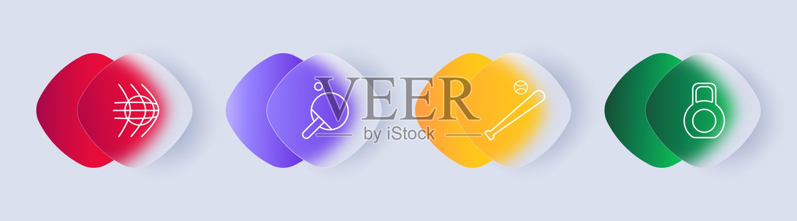 运动集图标。乒乓球、球拍、乒乓球、网、球、足球、砝码、棒球棒、游戏、积极娱乐、健康生活方式。体育学科概念。Glassmorphism风格。插画图片素材