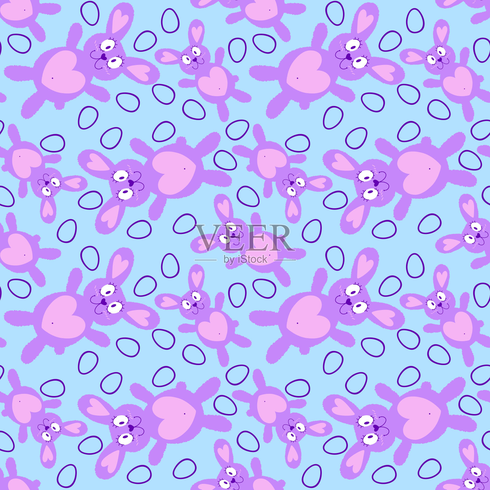 卡通复活节彩蛋和兔子无缝图案的包装纸和织物和服装印花插画图片素材