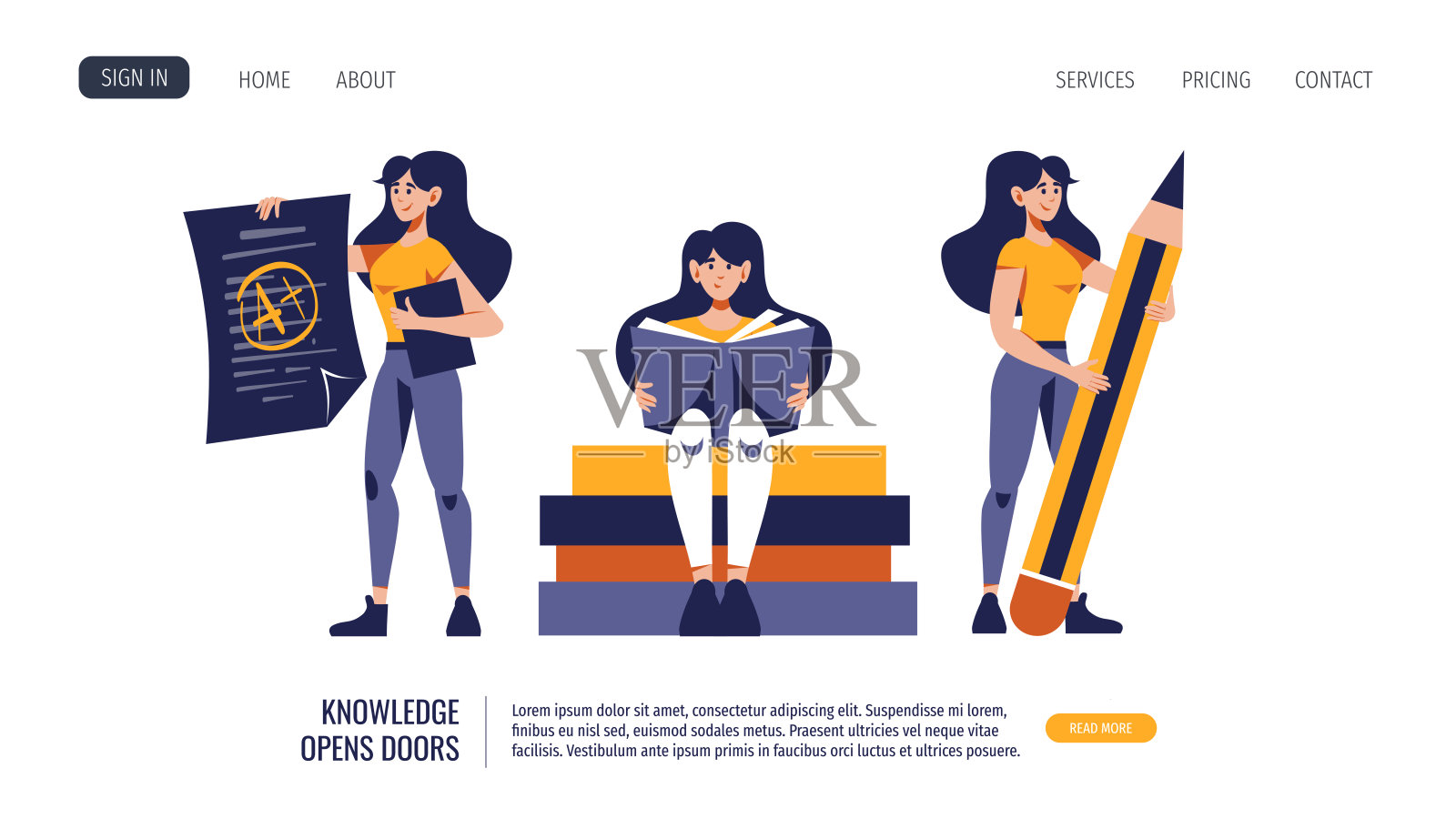 女人们拿着巨大的铅笔、书本、写着高分的纸。插画图片素材