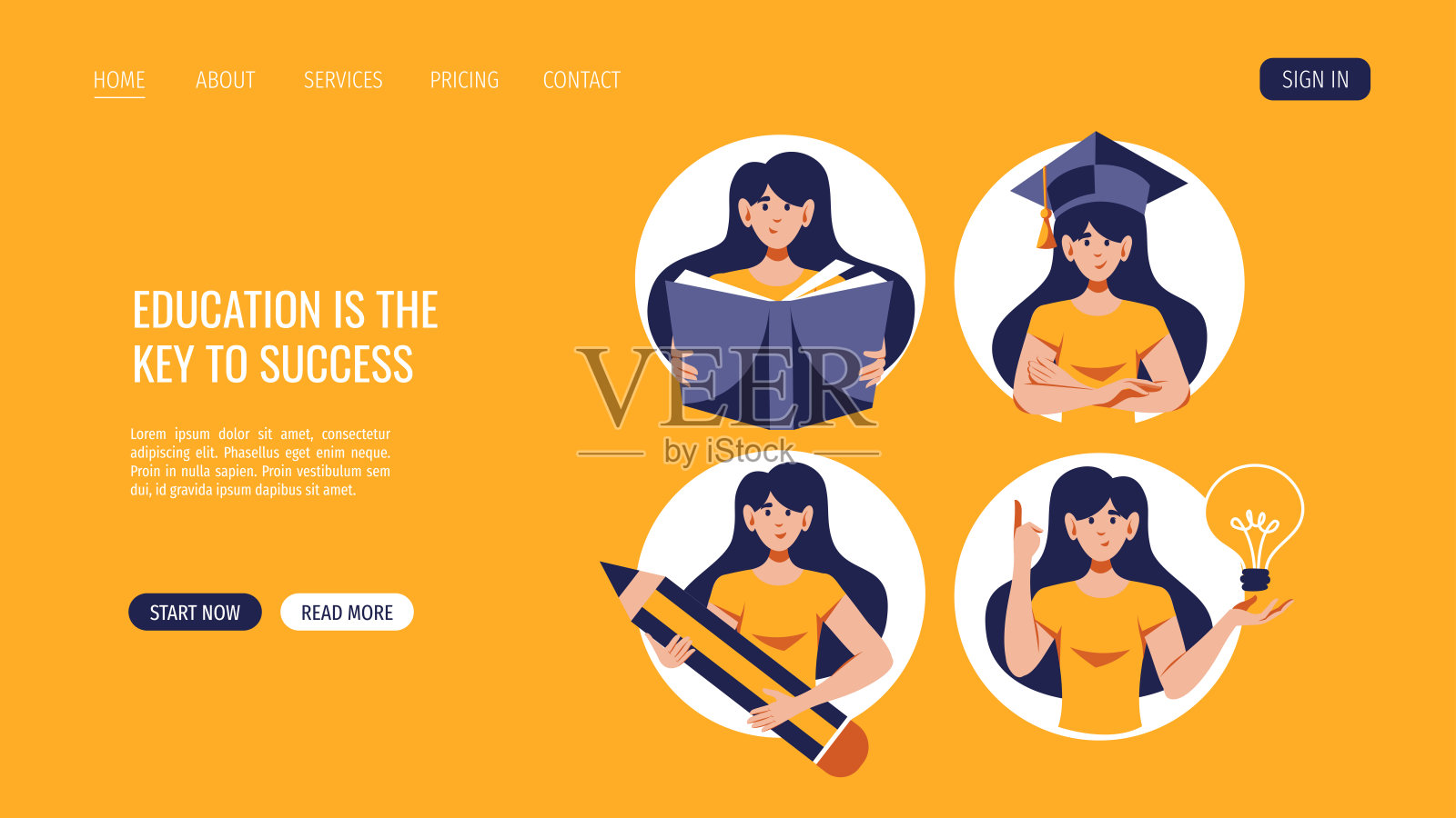 拿着大铅笔、书、灯泡图标、毕业帽的女人。插画图片素材