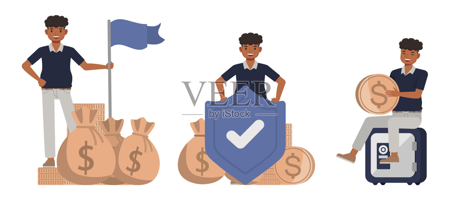 一套办公室男人穿蓝色衬衫的字符矢量设计。呈现在各种动作中。在办公室工作的人进行规划、思考和经济分析。商人在孤立的白色背景插图。插画图片素材