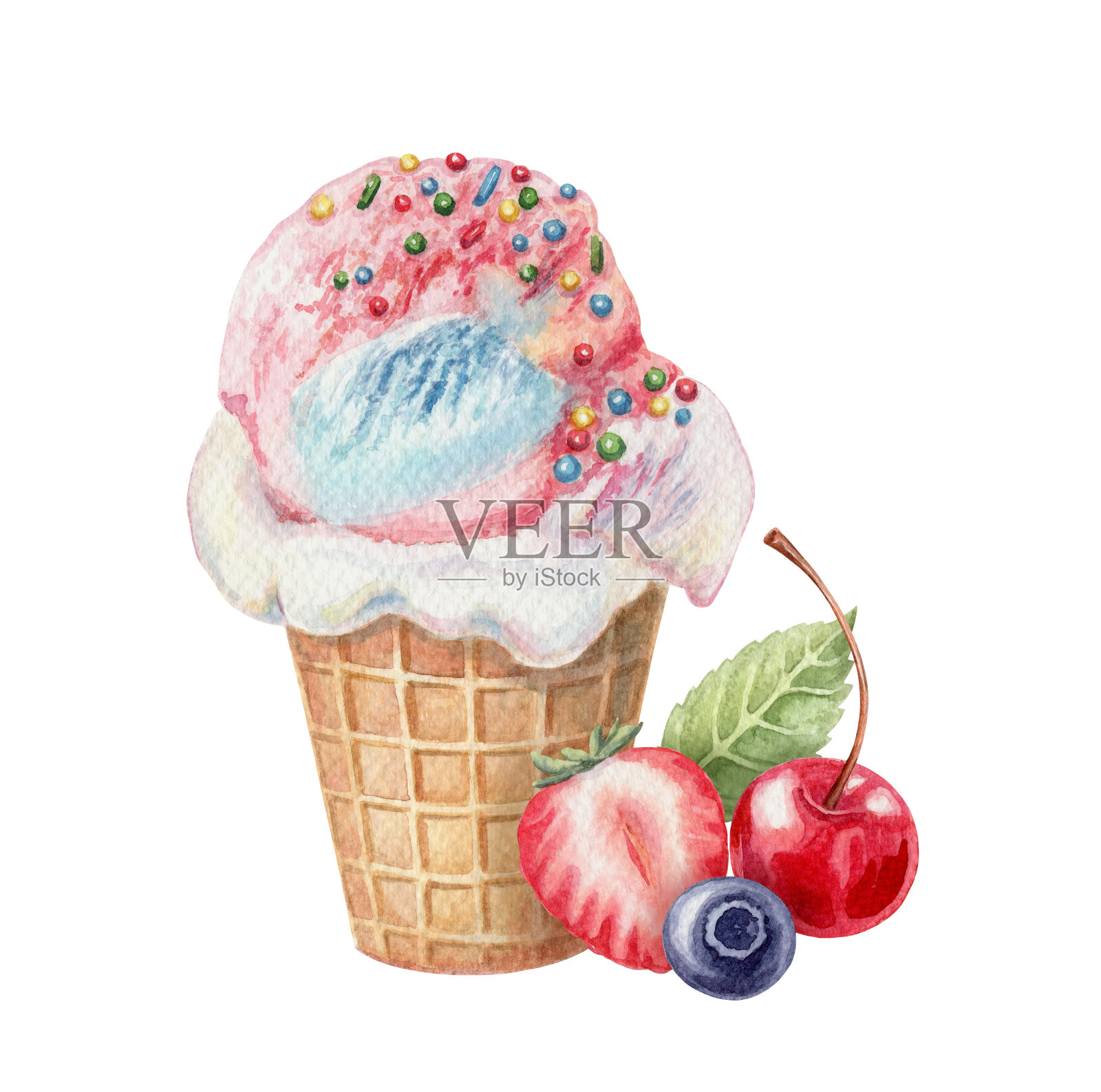 冰淇淋在华夫饼杯与洒落，浆果和薄荷叶水彩手绘食物插图。插画图片素材