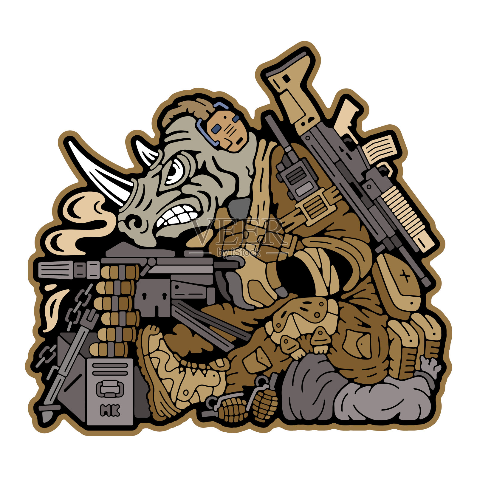 军事补丁。衣服上的军徽。军事犀牛。拿着武器的犀牛。军队邮票。军事徽章。矢量图像插画图片素材