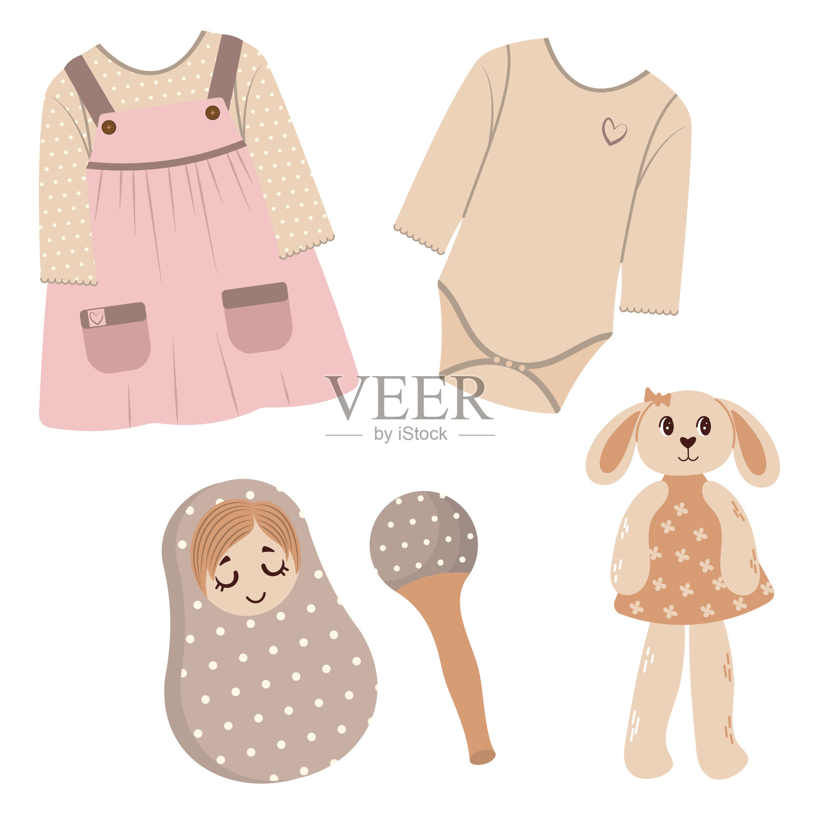 矢量集婴儿的衣服和玩具太阳裙连衣裙娃娃Marakase平面风格插画图片素材