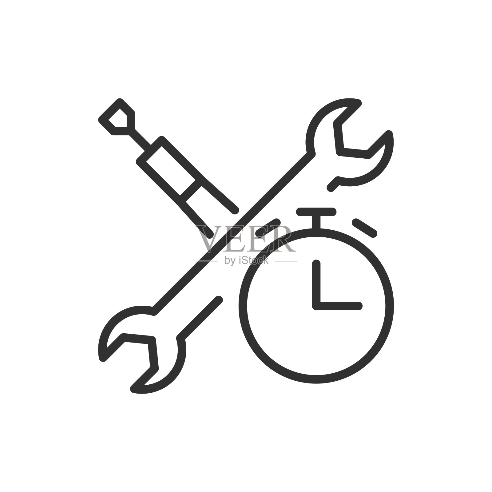 快速技术修复，线性图标。螺丝刀、扳手和计时器。线条可编辑的笔画插画图片素材