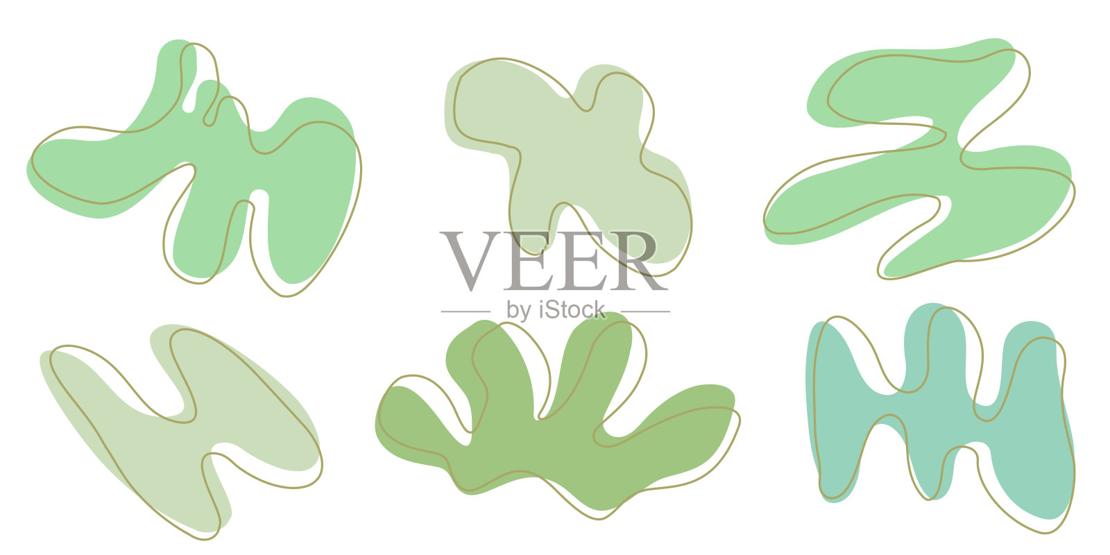 一组有机不规则斑点形状与笔画线。绿色灰色随机变形点流体圆孤立在白色背景有机阿米巴涂鸦元素抽象圆形矢量插图插画图片素材