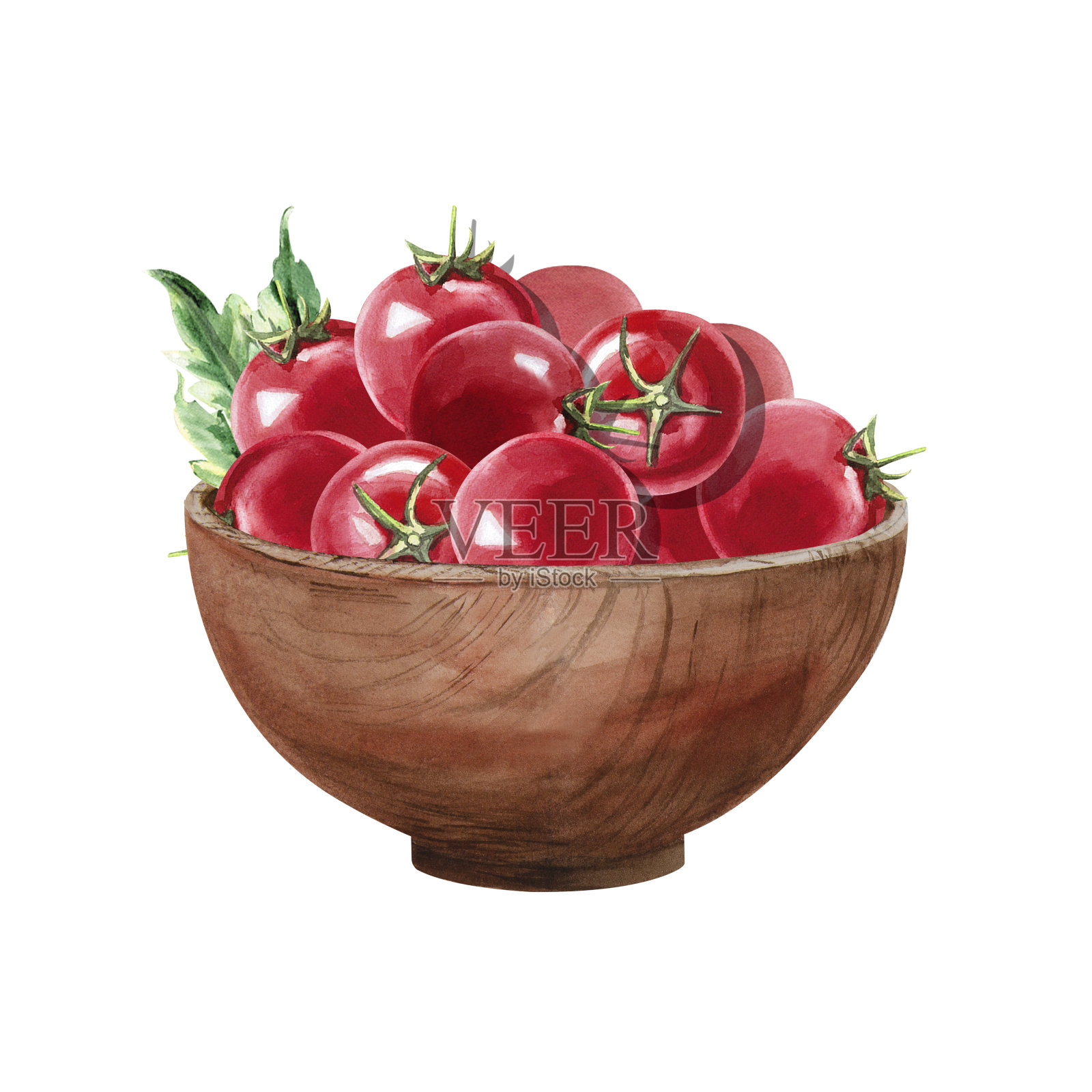 木制盘子与西红柿在水彩插图在一个白色的背景。手绘插图碗与蔬菜烹饪书，罐头和有机食品食谱，农业展览。插画图片素材