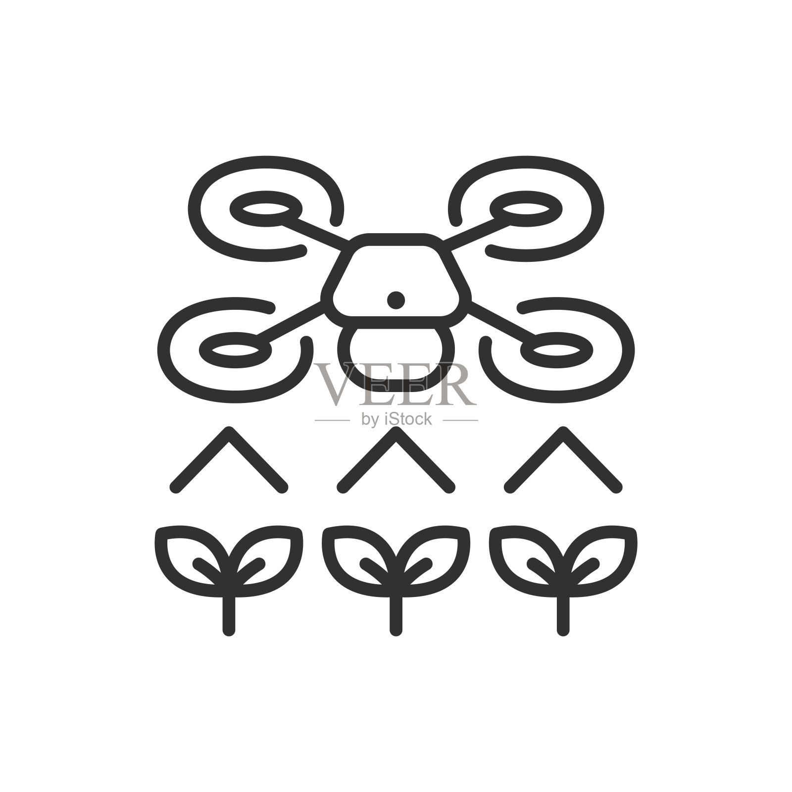 技术灌溉农田，线性图标。无人机浇芽。线条可编辑的笔画插画图片素材