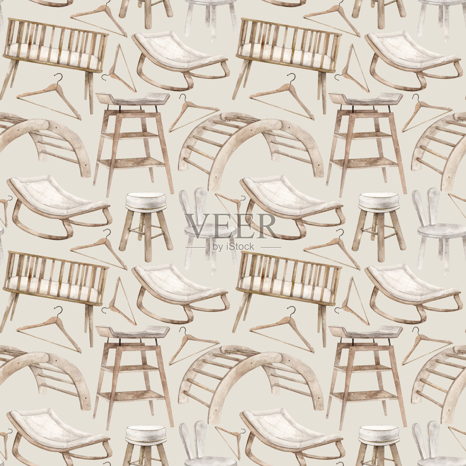 水彩图案与家具，婴儿床，摇椅，攀岩架，椅子，换桌子在米色背景。孤立手绘插图儿童室内，卡片，纺织品，设计。插画图片素材