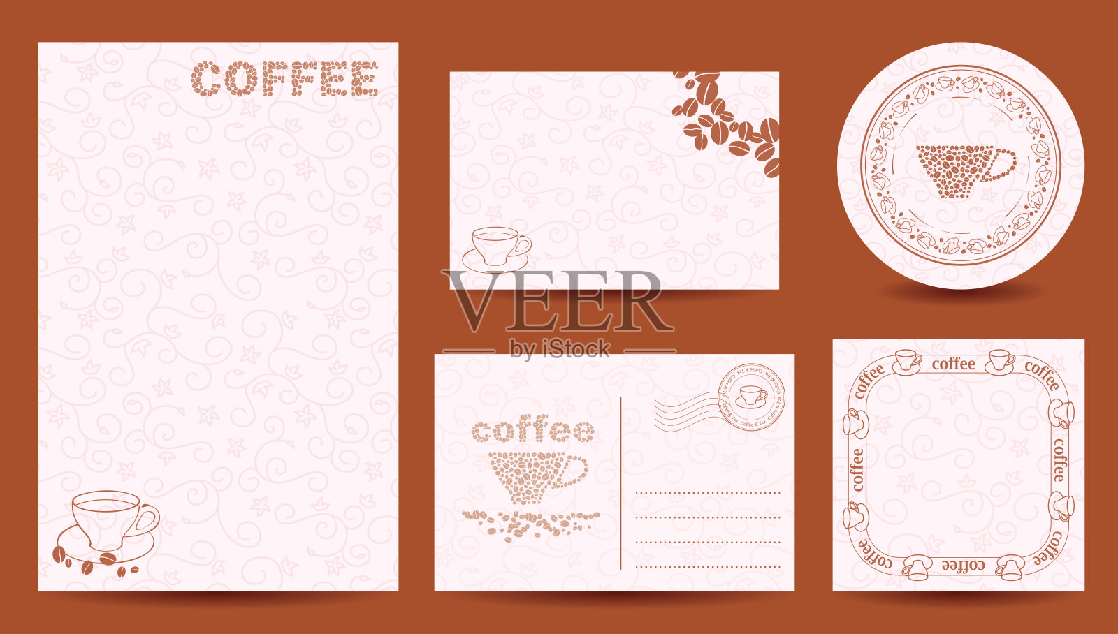 装饰背景与咖啡豆和杯子。向量模板。咖啡饮料。插画图片素材